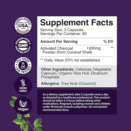 Miniatura 2 de Natures Craft Píldoras de carbón activado desintoxicación y limpieza - Cápsulas purificadoras de coco con 1200 mg por porción para aliviar