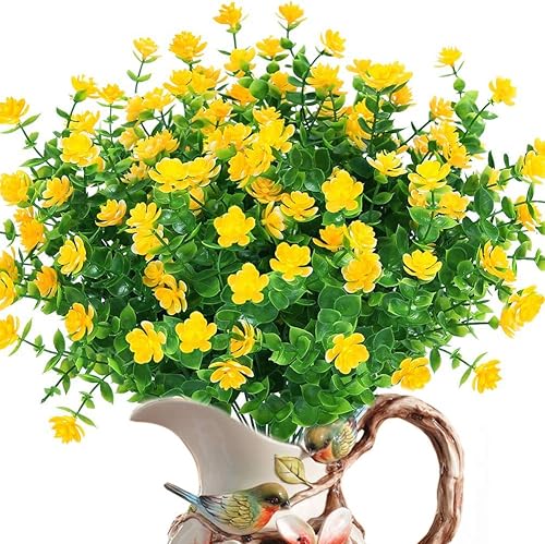 8 paquetes de flores artificiales para exteriores, resistentes a los rayos UV, plantas de plástico falsas, arbustos de vegetación sintética, para