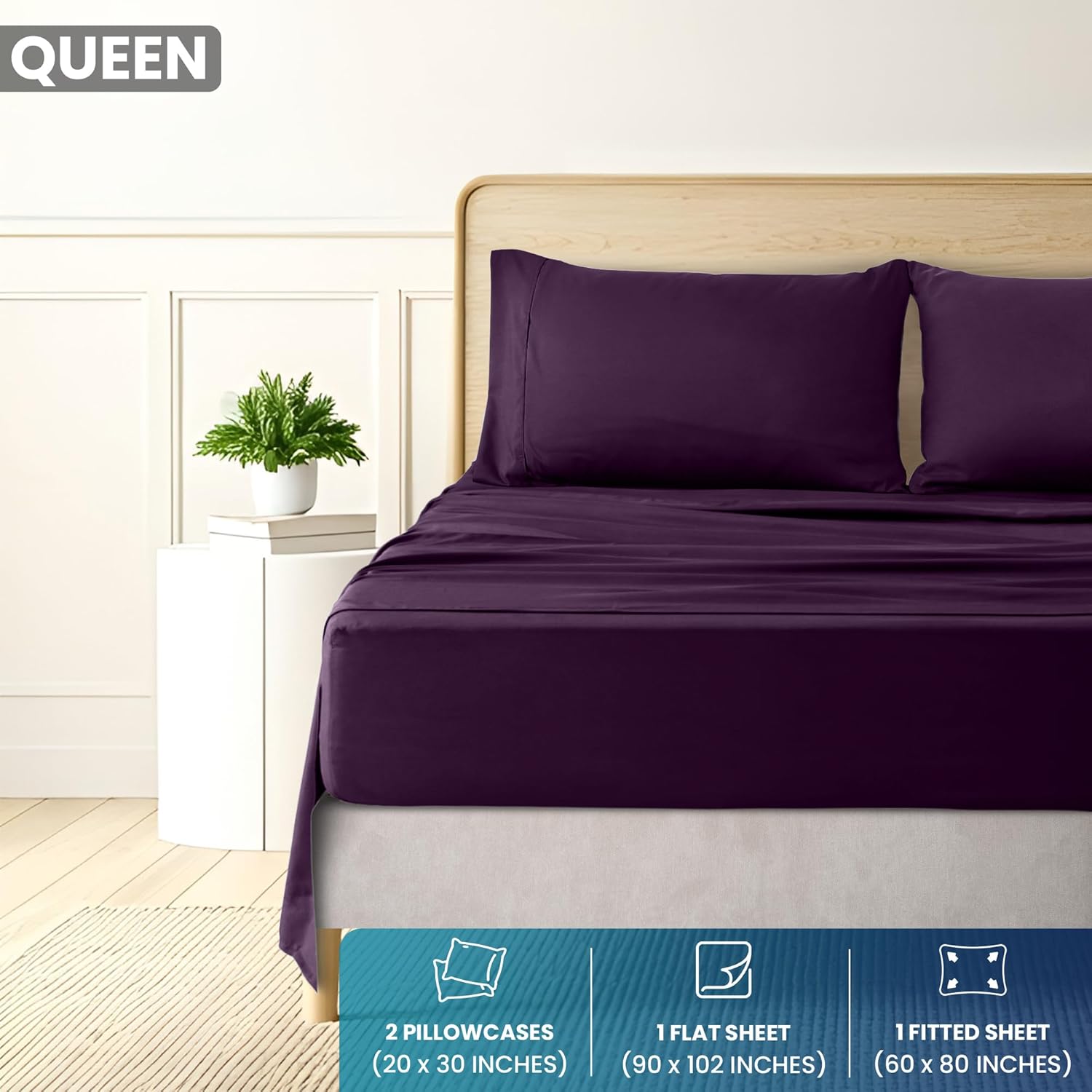 Utopia Bedding Queen Size 4 Piece Sheet Set - Brushed Microfiber - Soft Bed Sheets for Queen Size Bed Set - Includes 1 Fitted, 1 Flat, & 2 Pillow Cases - Deep Pocket (Purple)