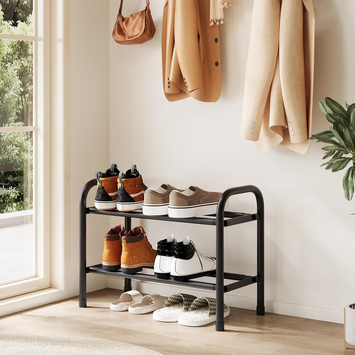 2-Tier Expandable Shoe Rack, Metal Shoe Storage Organizer, Adjustable Shelf, (Black, 2Tier)