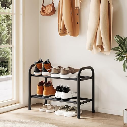 Miniatura 4 de Zapatero expandible de 2 niveles, organizador de almacenamiento de zapatos de metal, estante ajustable, (negro, 2 niveles)