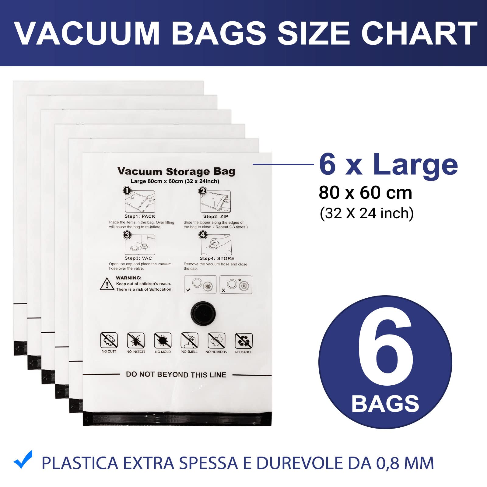 Sacchi Sottovuoto Piumoni Confezione da 6 80x60cm Buste Sottovuoto Vestiti Riutilizzabile Sacco Sottovuoto Sacchetti Salvaspazio Sottovuoto Adatto a Tutti i Comuni Aspirapolvere