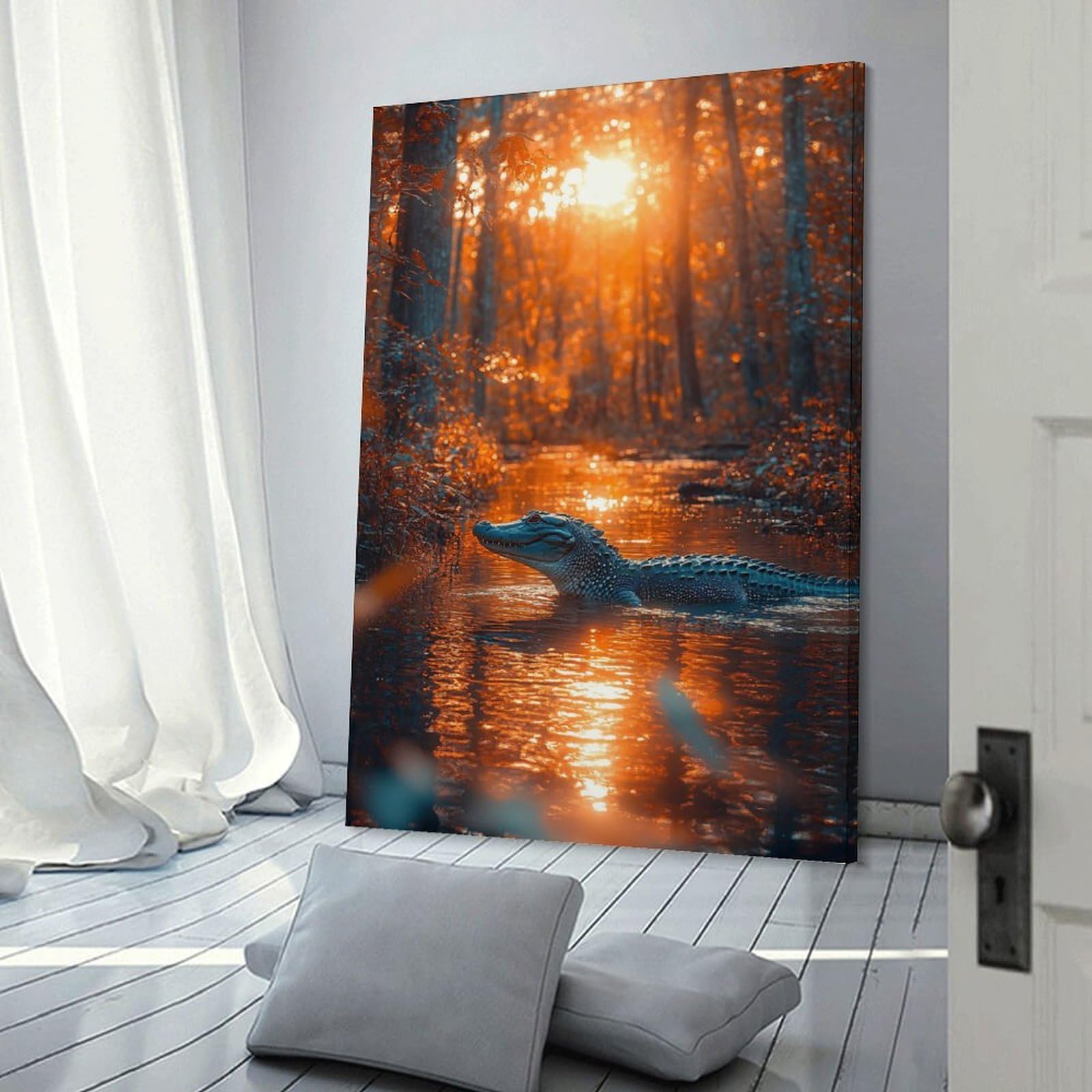 Junmoney Alligator in Swamp at Sunset Canvas Wall Art 20x30inch(50x75cm), for Art Walls, Layered Displays Or Homes, Decorative Artwork with Flexible Styling