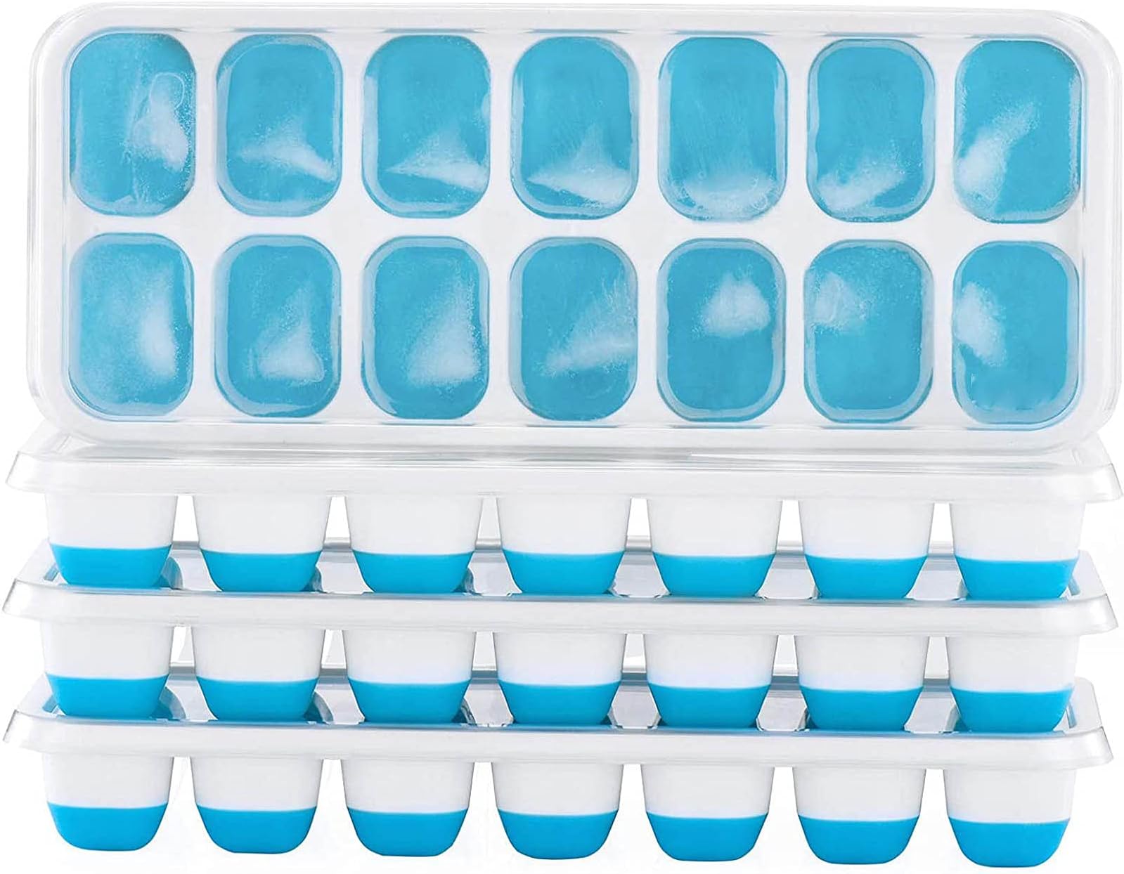 4PC 14 Ice Tray/Silicone Ice Cube Tray/Ice Compartment Easy-Release Silicone Flexible Spill-Resist Removable Lid (Blue)