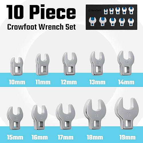 Miniatura 2 de DURATECH Juego de llaves Crowfoot de 10 piezas, 38 pulgadas, juego de llaves de extremo abierto, métrico, 0.394-0.748 in, acero CR-V, con