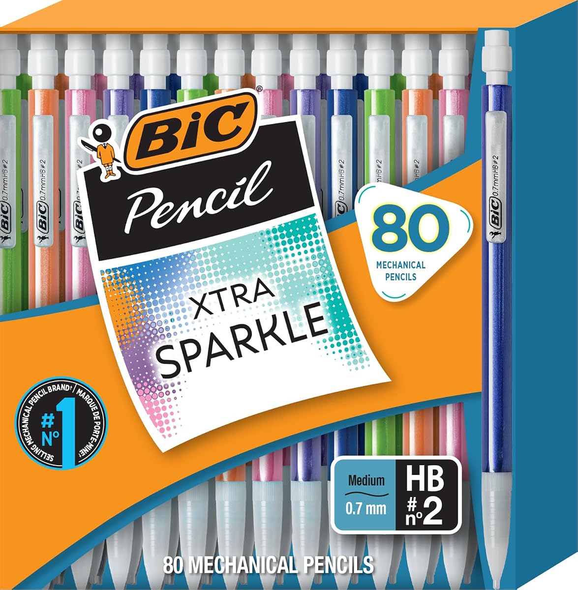 Portaminas BIC Xtra Sparkle n.º 2, punta media de 0,7 mm, paquete de 80 | Recargable y retráctil, 80 unidades en divertidos colores de barril surtidos