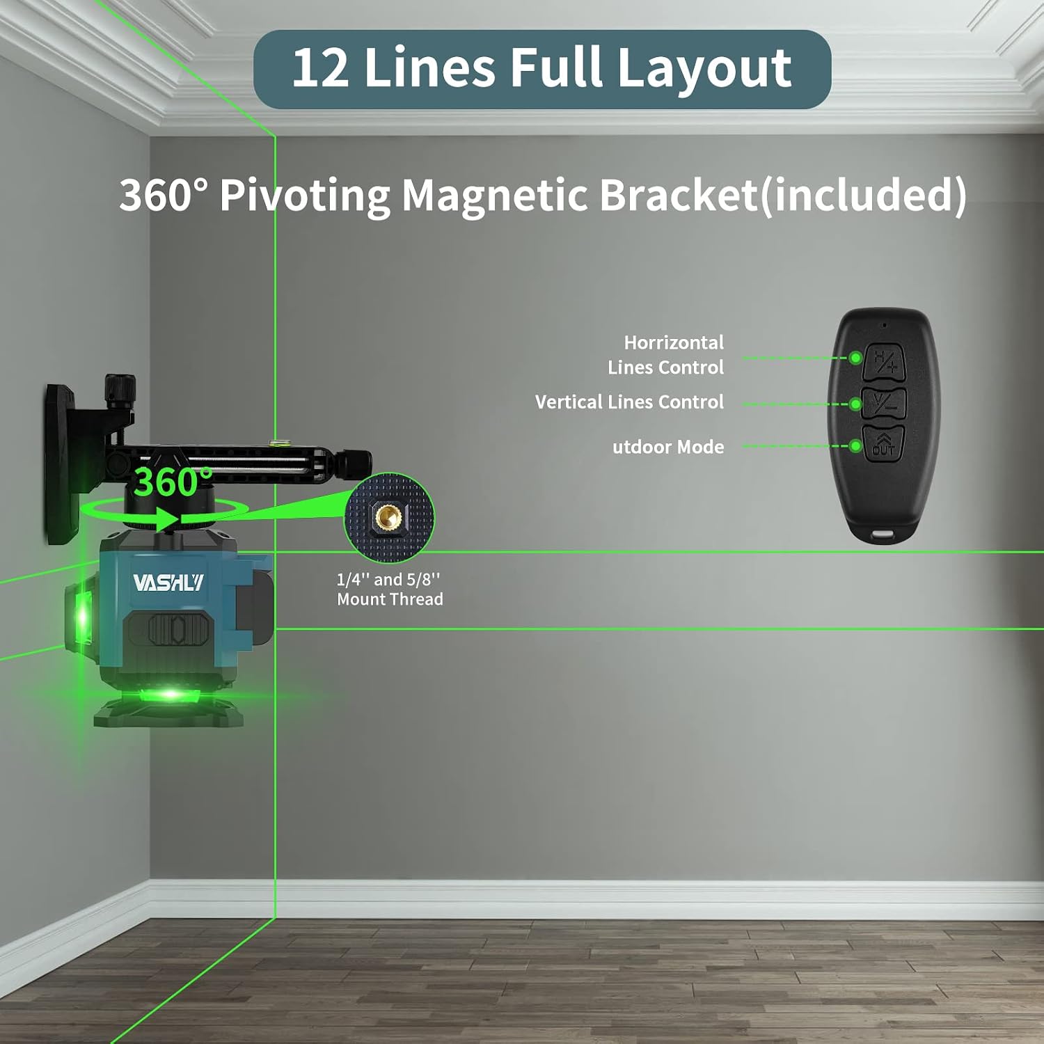 Vashly Laser Level Self Leveling, 12 Line Laser Level, 3 x 360° Green Cross Line Lazer Level with 2 Rechargeable Battery & Hard Carry Case Included Remote Controller, Magnetic Rotating Stand