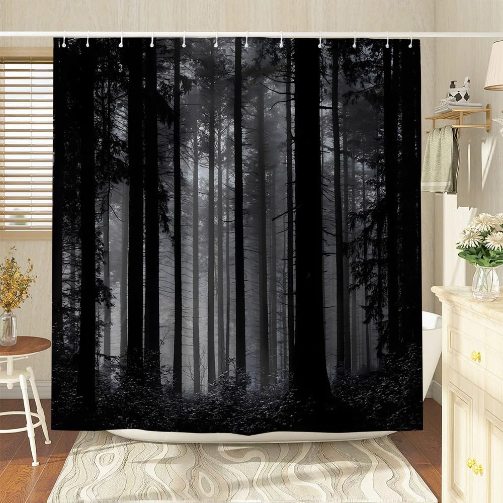 Gothic Forest Shower Curtain Misty Foggy Jungle Nature Mysterious Mountain Landscape Scenery Goth Halloween Dark Black and Gray Polyester Fabric Bathroom Decor 70×78 Inch with Hook