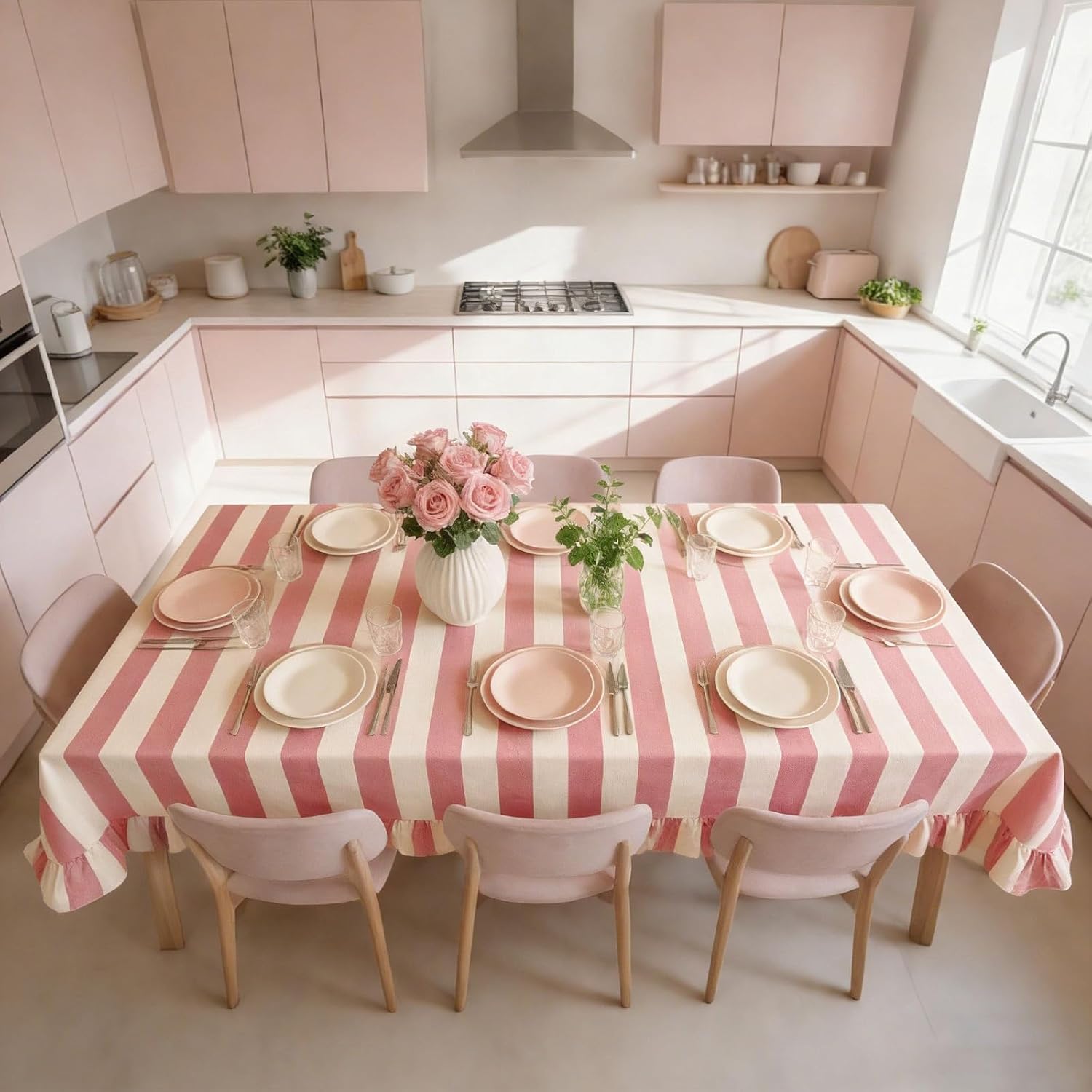 JarThenaAMCS Ruffle Tablecloth Cotton Table Cloth Boho Pink Beige Striped Decorative Rectangle Table Cover for Baby Shower Home Kitchen Party Wedding Decor, 55 x 70 Inch (Includes Ruffled Edges)