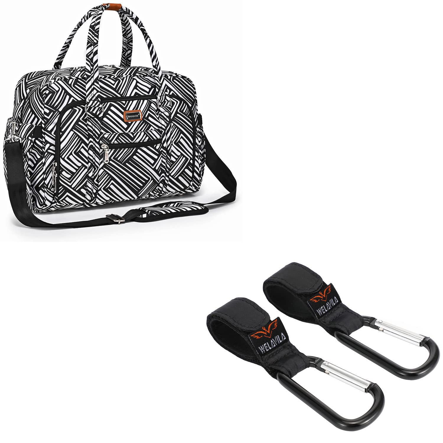 WELAVILA Baby Diaper Bag Tote for Mom and Dad, Universal Multi-purpost Stroller Hooks, 2 Pack, Black