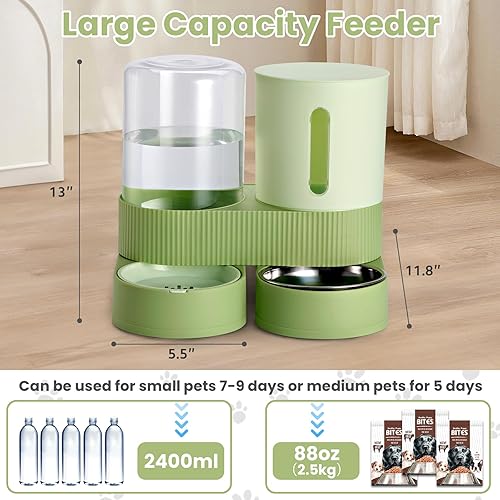 Miniatura 2 de Paquete de 2 alimentadores automáticos para gatos, dispensador de agua de acero inoxidable, alimentador de alimentos por gravedad y bebedero con