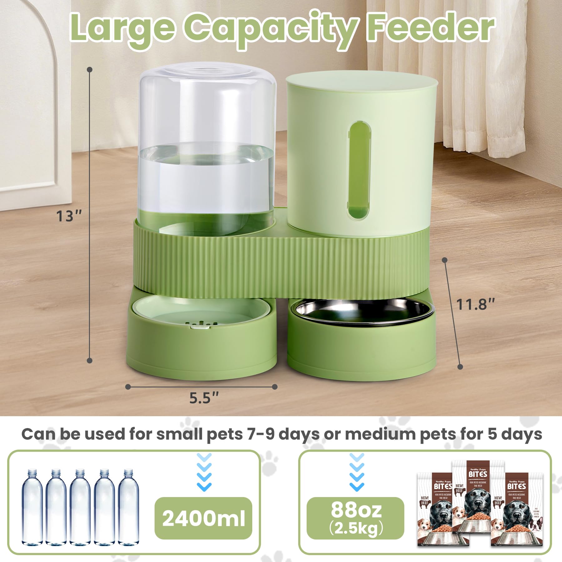 2 Pack Automatic Cat Feeder Stainless Steel Water Dispenser Gravity Food Feeder and Waterer Set with Pet Food Bowl for Small Medium Kitten Puppy Pets Large Capacity(Green) - image 2