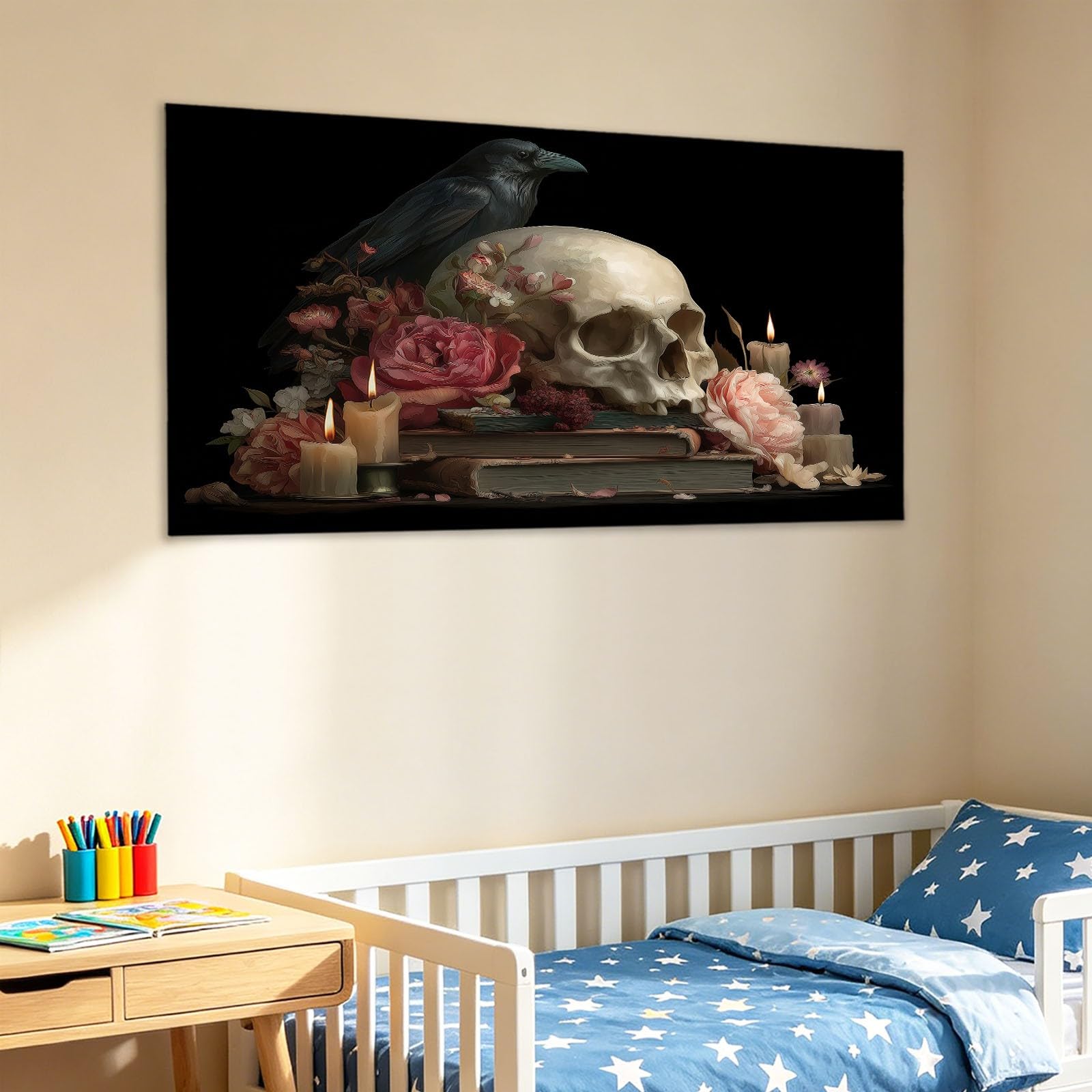 Lienzo gótico de fantasía oscura para pared, 120 x 60 cm, lienzo enmarcado, diseño de rosas florales para baño, dormitorio, sala de estar, paredes, con ganchos y clavos