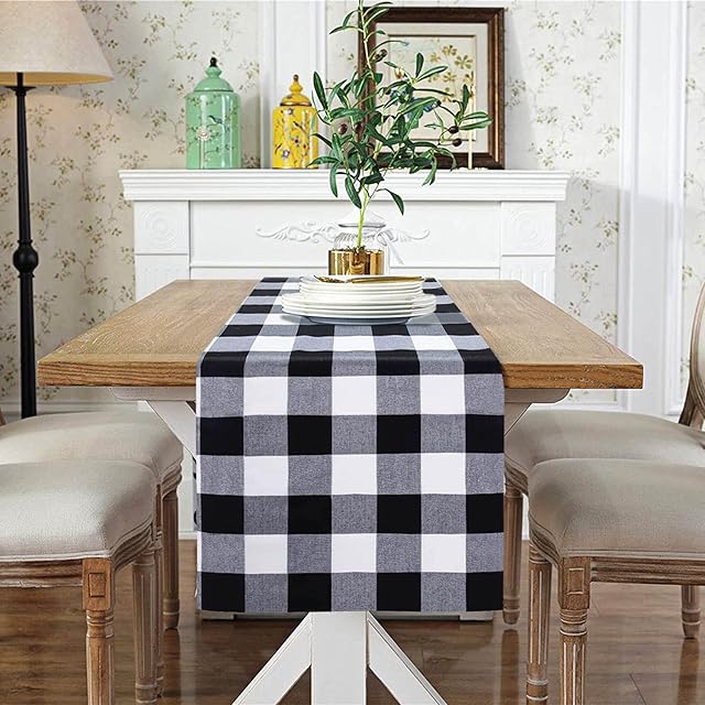 ShinyBeauty Buffalo Check Table Runner 14x108-Inch Black and White Buffalo Plaid Table Runner Farmhouse Decor Coffee Table Runners Cotton Linen Table Runner for Home Kitchen