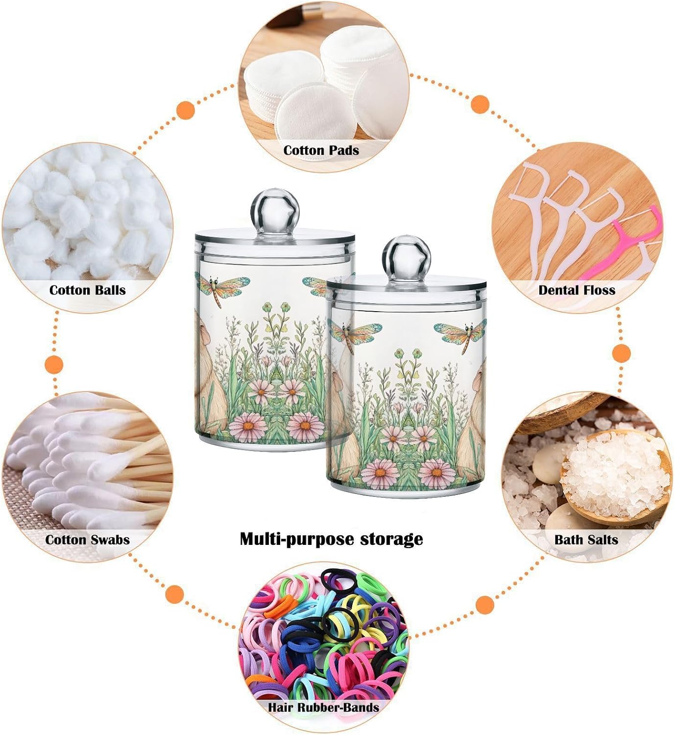 MNSRUU 4 Pack Qtip Holder Organizer Dispenser Guinea Pig Dragonfly Flower Pink Bathroom Storage Canister Cotton Ball Holder Bathroom Containers for Cotton Swabs/Pads/Floss