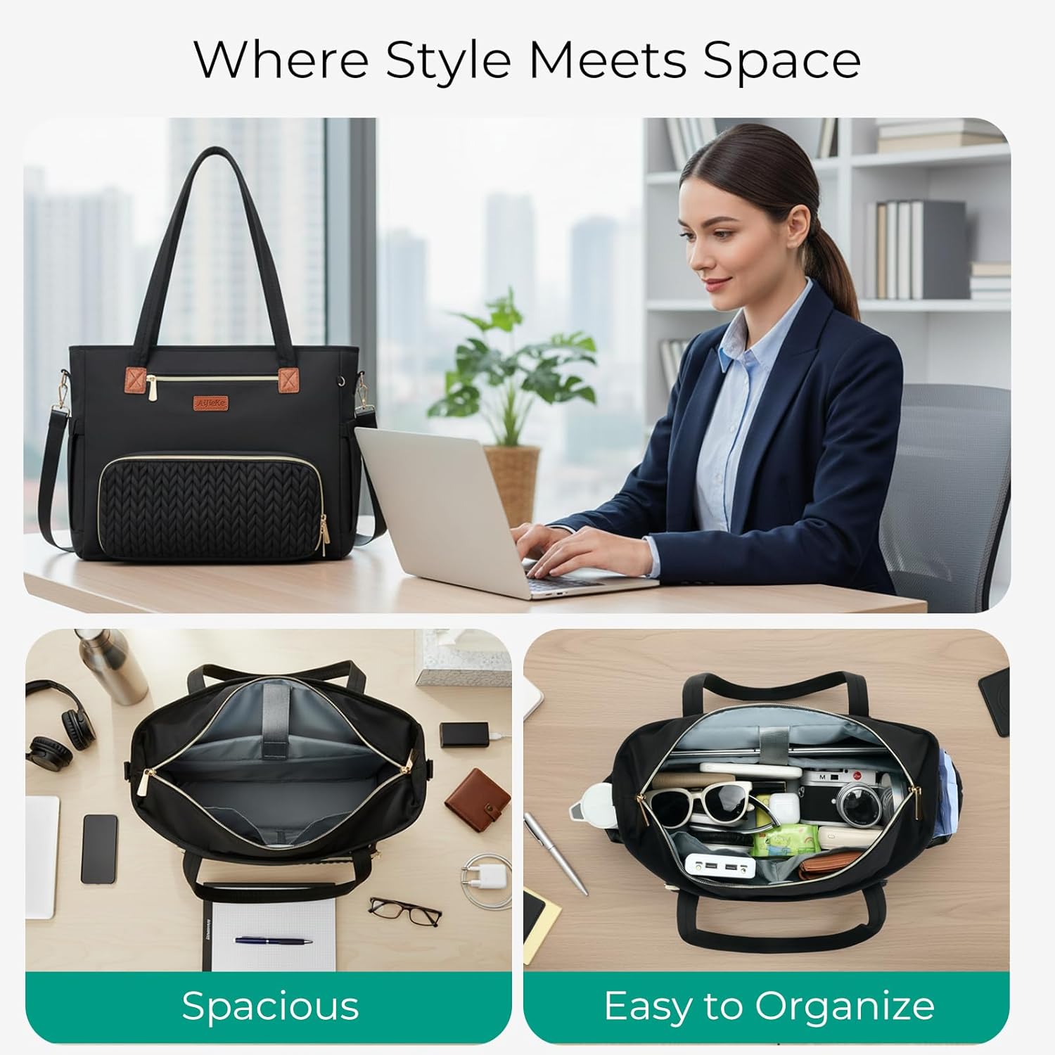 AIJIEKE Lunch Tote Bag for Women, 15.6 inch Laptop Bag with Lunch Compartment, Large Adult Work Quilted Handbag with Insulated Lunch Bag & Purse for Picnic Nurse Teacher College, Khaki - Image 3