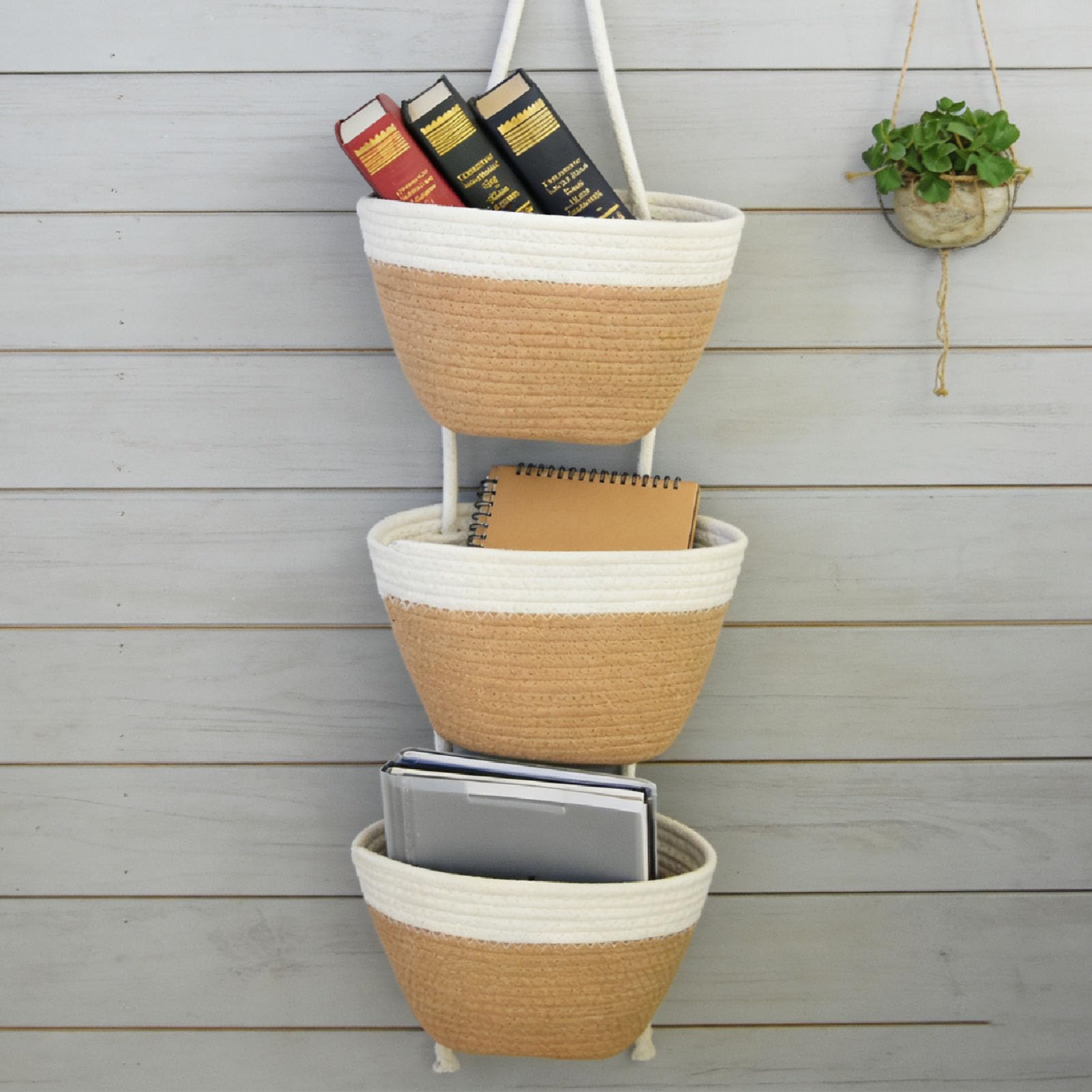 3 Tier Cestino Appeso, Organizzatore da Parete con Corde in Cotone Morbido Rimovibile con 3 Cestini Indipendenti, per Soggiorno Camera da Letto Ripostiglio (Cachi bianco)