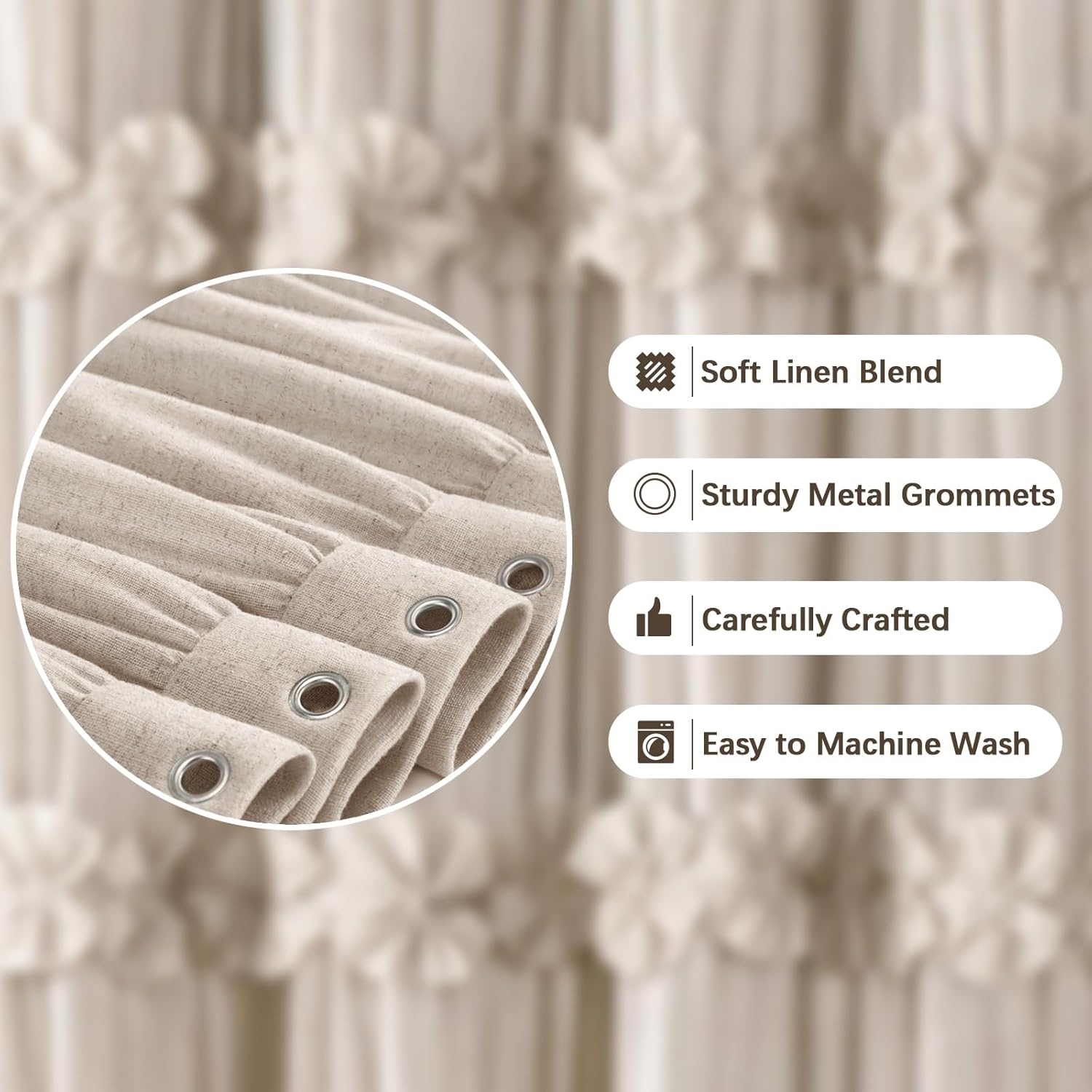 Ruffle Shower Curtain with Handmade Bow Tie, Beige Linen Vintage Farmhouse Shower Curtain for Bathroom, 72" W x 72" H