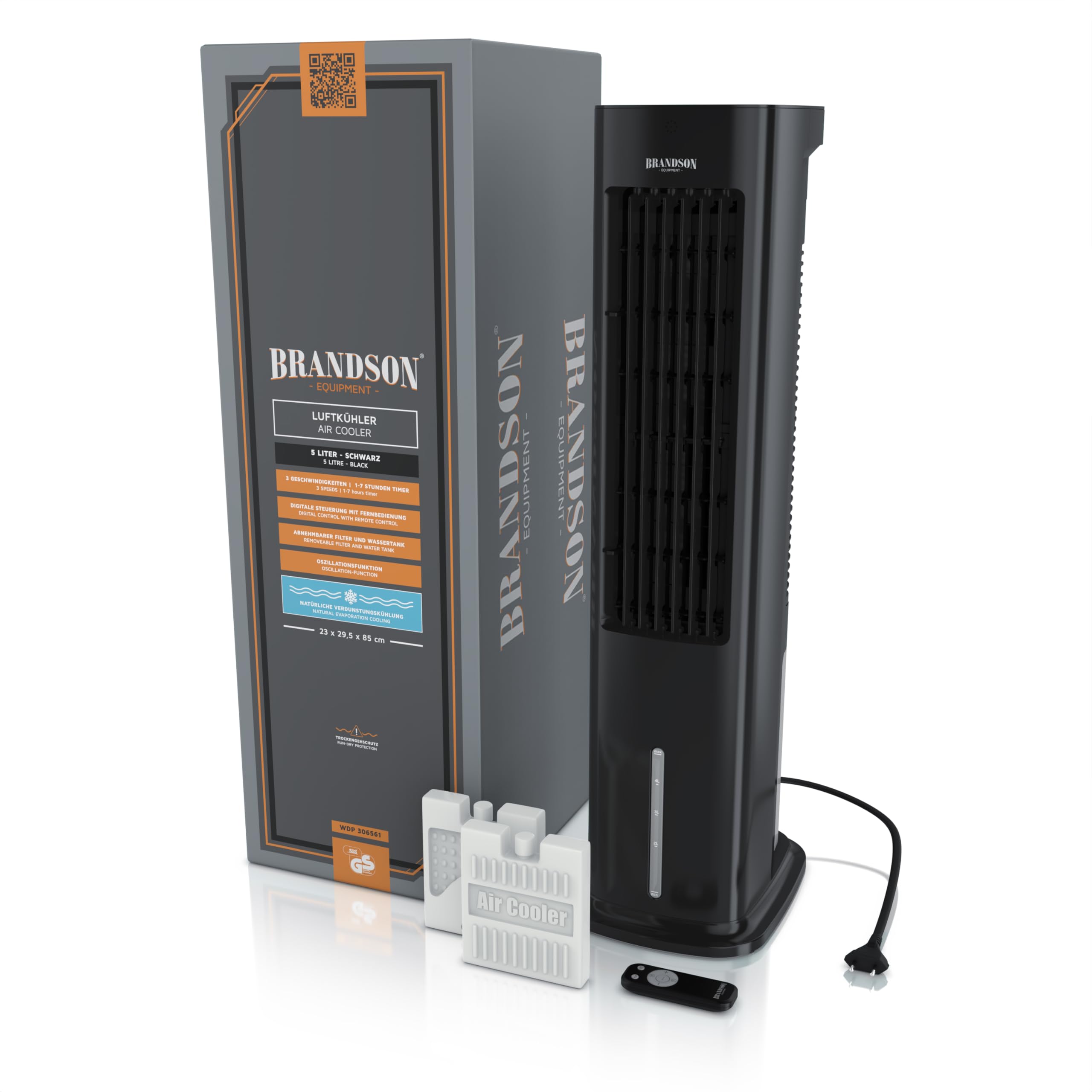 Brandson - Turmventilator mit Wasserkühlung - Sieger Ventilatoren und Luftkühler 2026-4 in 1 - Verdunstungskühler - Luftkühler - Ventilator - ohne Abluftschlauch- sehr leise