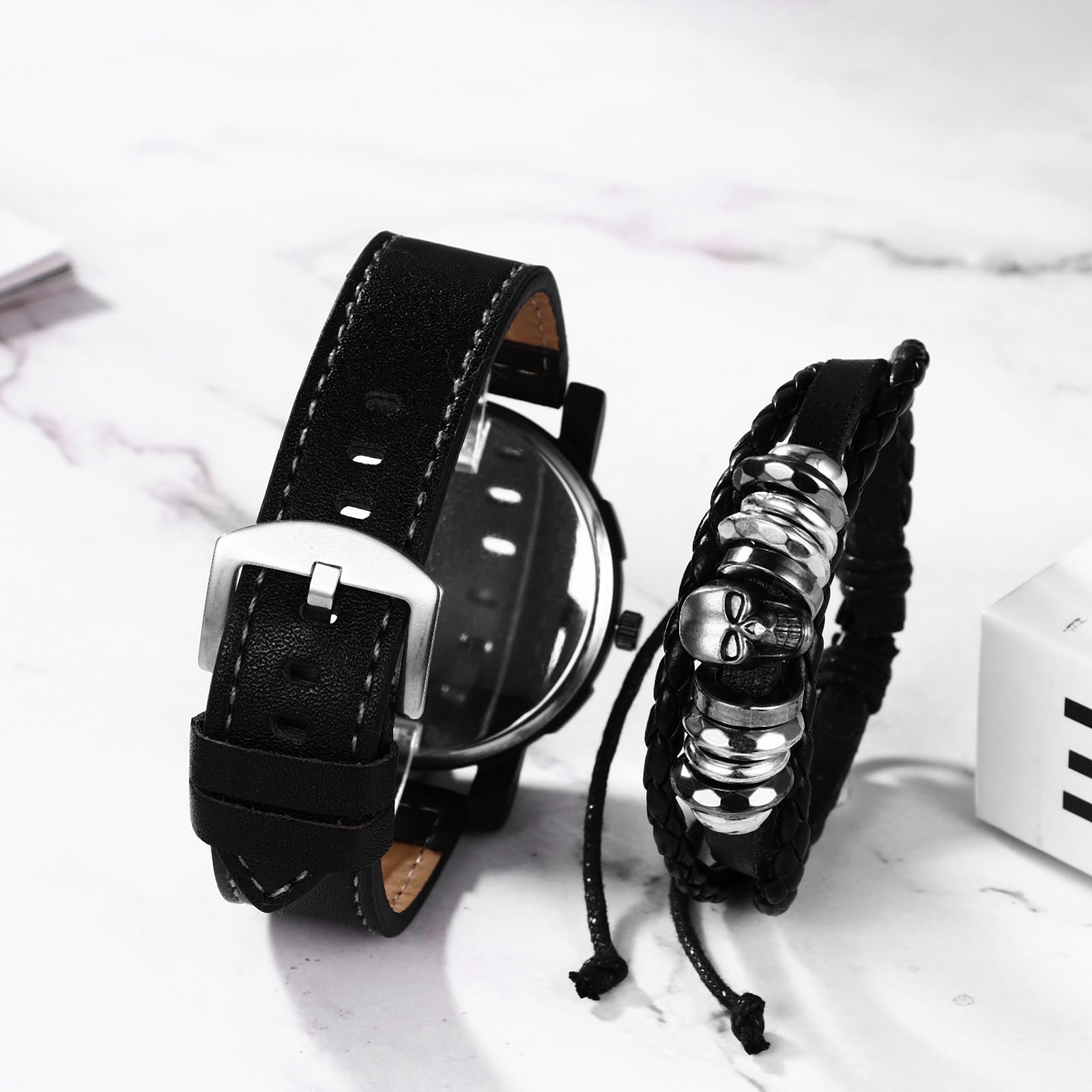 Ibohevo Skull Leather Watch Bracelet: Mens Black Steampunk Goth Women Gothic Punk Rock Cuff Wrist Watch