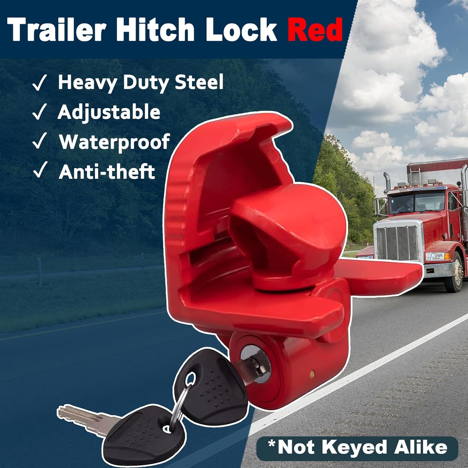 Trailer Hitch Locks with Keys, Universal Size Fit 1-7/8,2-5/16,2 Inch Ball Hitch Coupler Lock, Adjustable Heavy Duty Steel Trailer Tongue Lock for Boat, Trailers and RV, Anti-Theft Hitches, Red-1 Pack