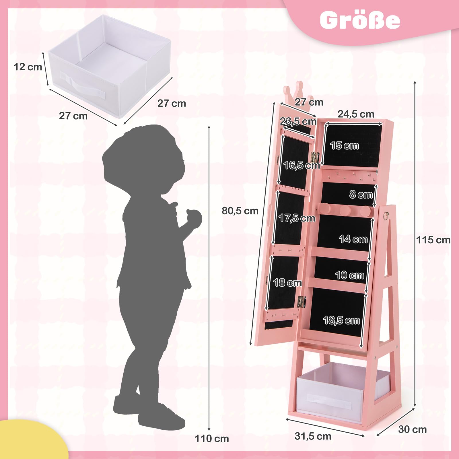 COSTWAY Kinder Schmuckschrank, 3 in 1 Spiegelschrank neigbar mit Ganzkörperspiegel & Aufbewahrungskorb, Schmuck-Organizer in Kronenform für Kinder ab 3 Jahren (Rosa)