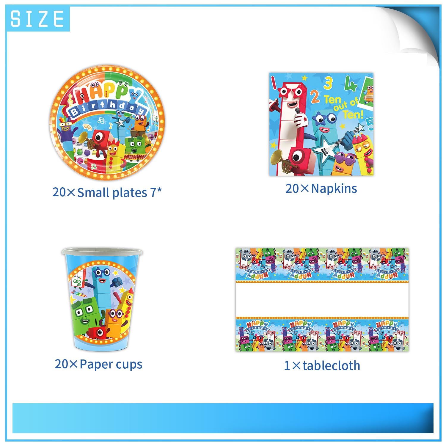 Set di stoviglie per bambini Digital Blocks, Cartoon Blocks Party, comprensivo di tazze, tovaglioli, piatti, tovaglia, adatto per feste di compleanno per bambini, anniversari, per 20 persone!