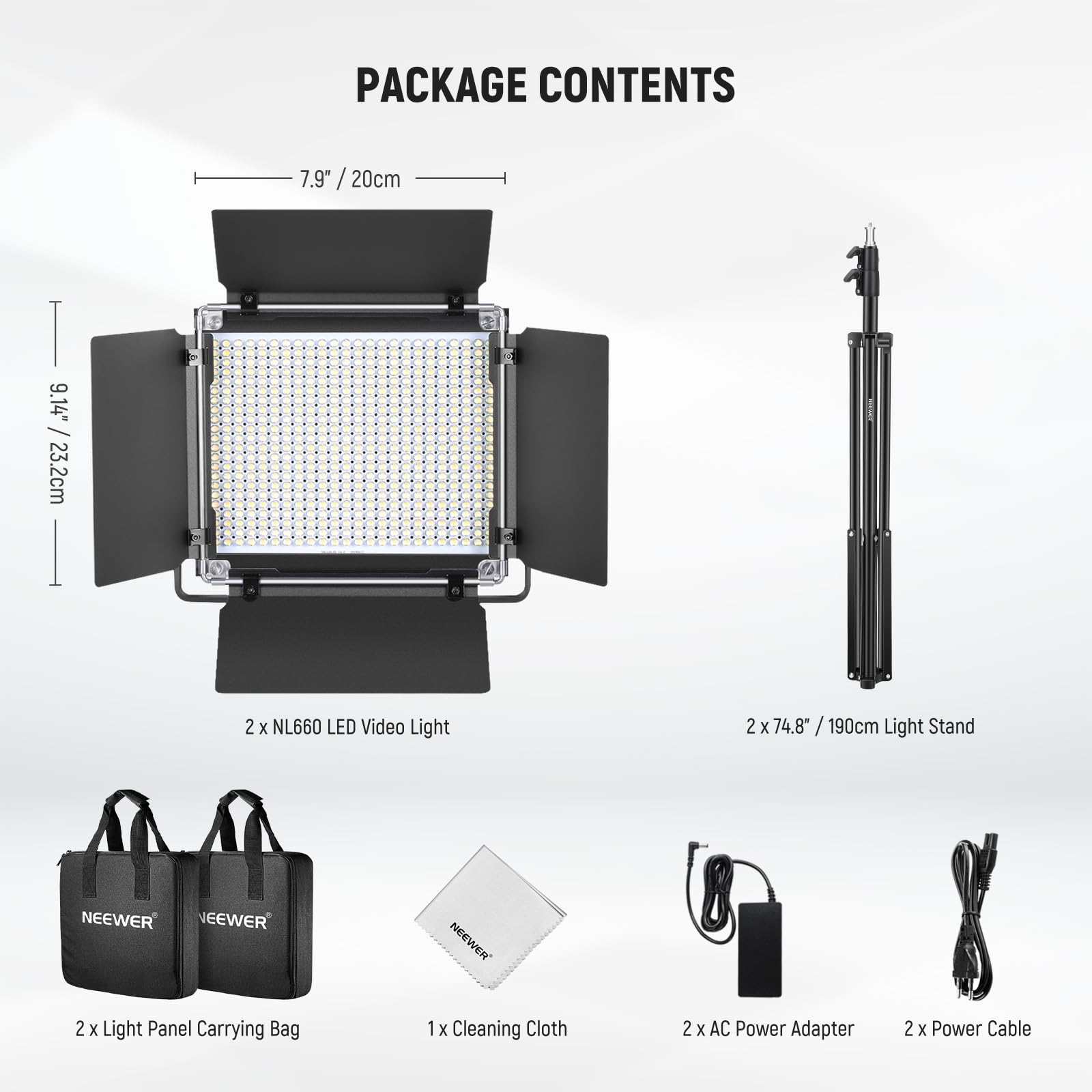 NEEWER Kit d'éclairage vidéo LED Bicolore 660 avec Deux Trépieds de 200cm,Panneau d'éclairage à Intensité Variable 3200K-5600K CRI 96+ avec Support en U & Coupe-Flux pour Studio Photo,Streaming,Noir