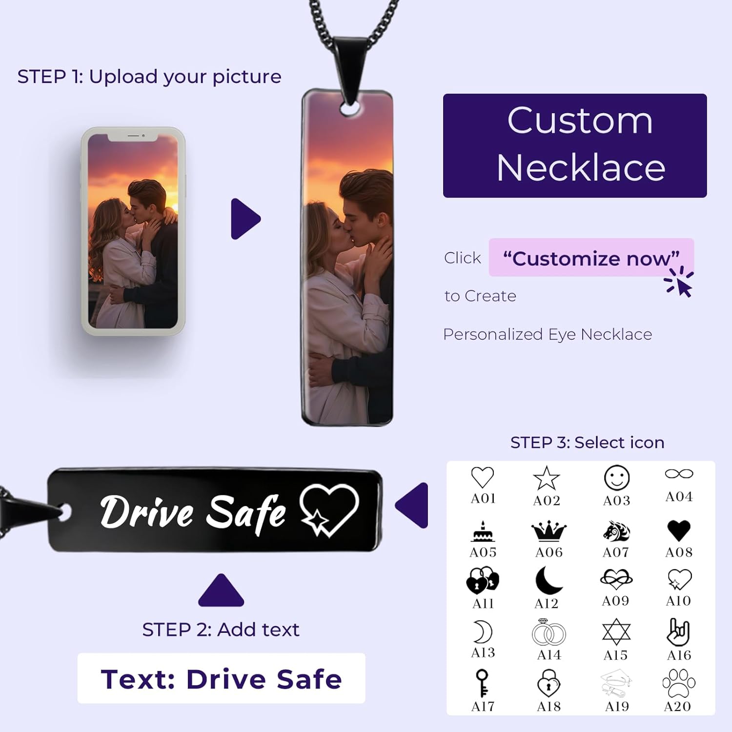 QYH Custom Couples Necklace with Picture - Personalized Couple Photo Necklace Double-sided Engraved Text Stainless Steel Customized Valentines Gifts for Loved One - Image 2