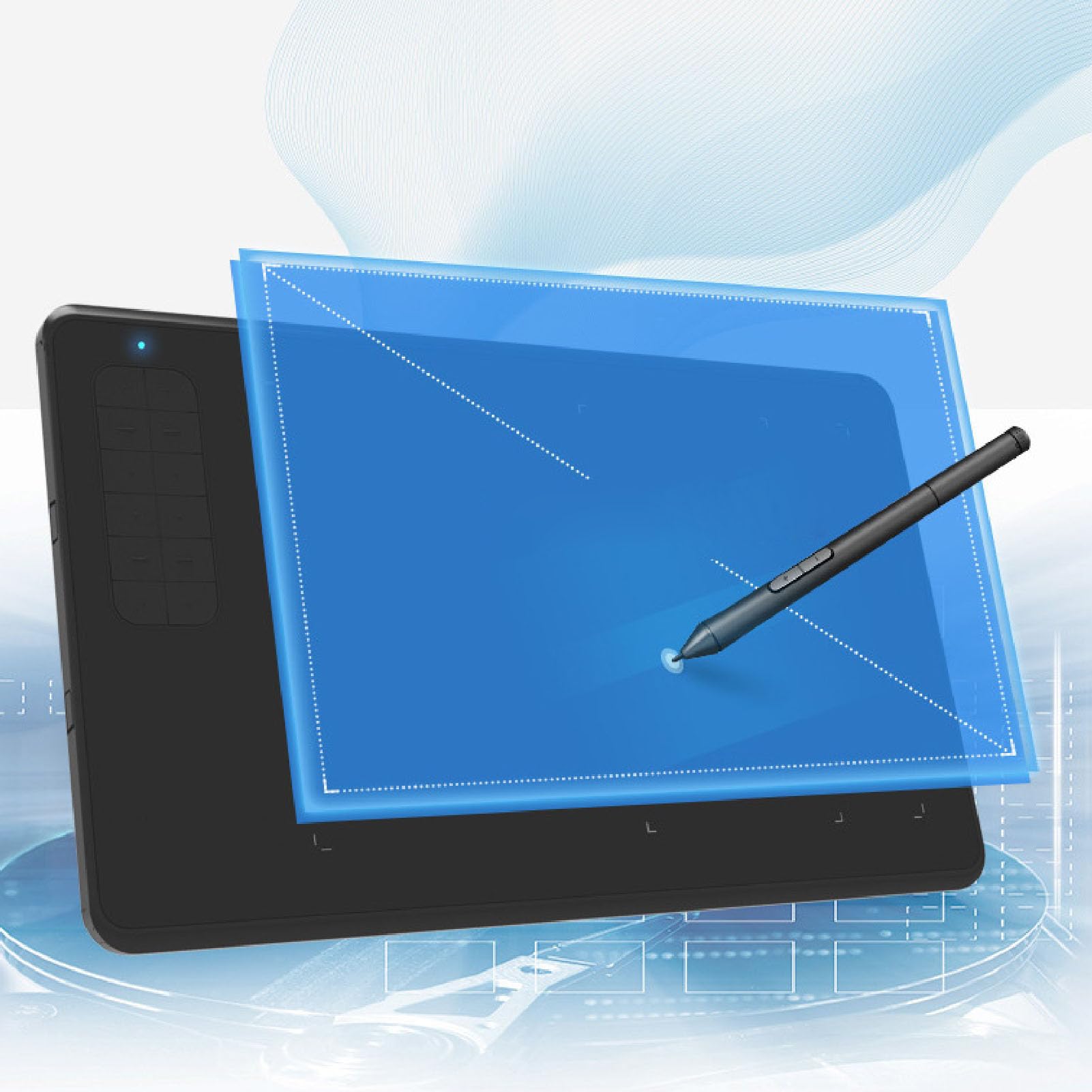 Jiawu Tablet Graficzny 10x6 Cali, Pióro Kompresyjne 8192, 12 Klawiszy Skrótu do Prezentacji Roboczych, materiał ABS