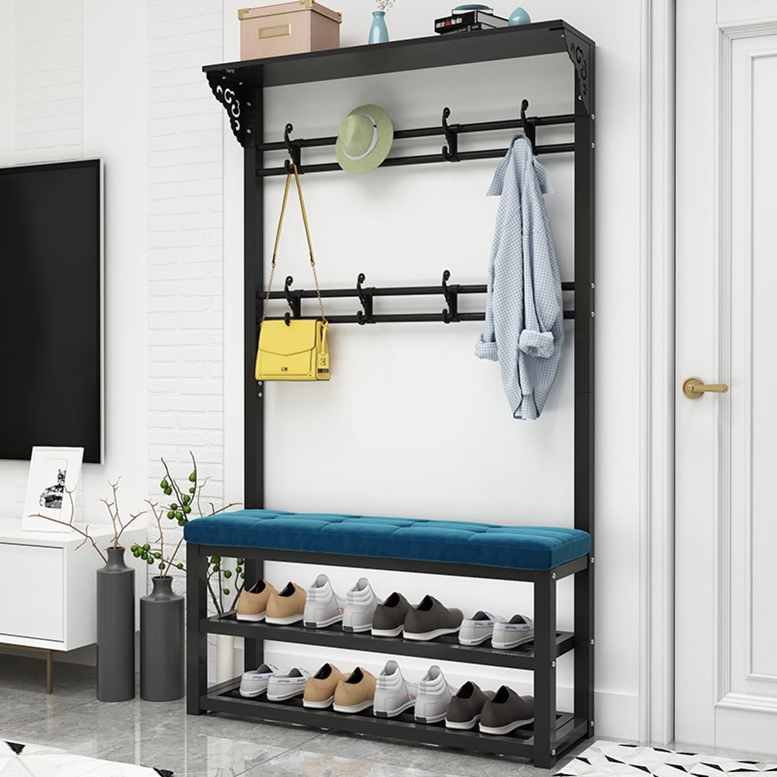 MYUYEE Shoe Rack With Wardrobe, Freestanding Wardrobe With Shoe Rack 2 Shelves, 5 In 1 Coat Rack With 8 Hooks, For Hallway, Living Room, Dressing Room A, 100Cm(C-100Cm)