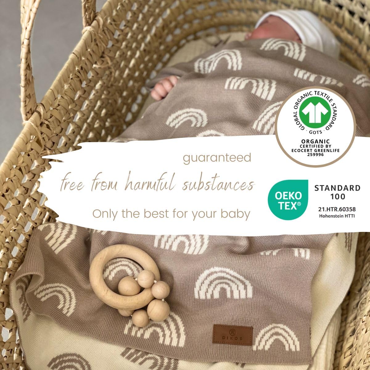 DIKOS® Cotton Baby Blanket, Winter Blanket Rainbows Beige, 100% GOTS Certified Organic Cotton - Image 3