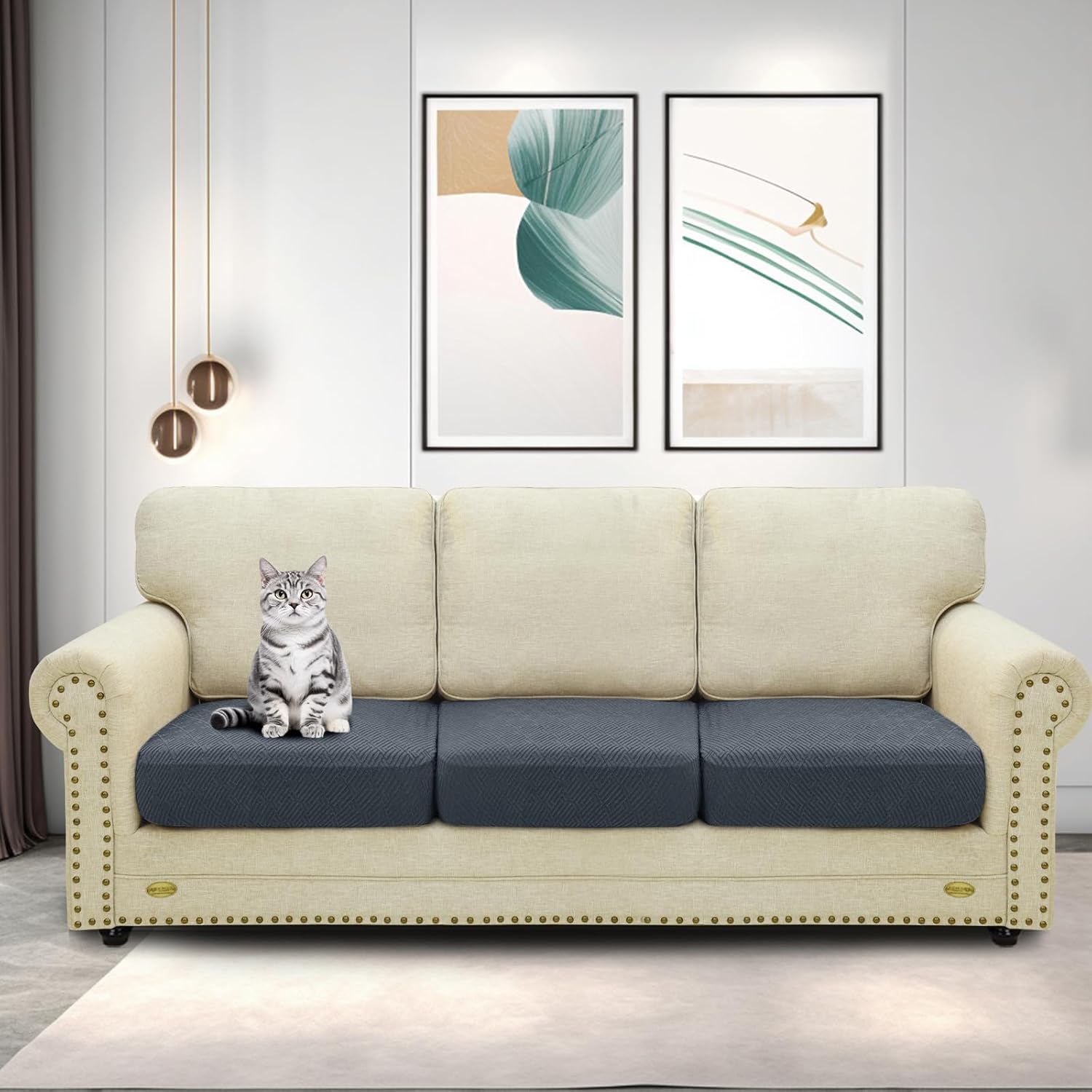 ZNSAYOTX Stretch Individual Cushion Covers Sofa Cushion Couch Seat Covers Slipcovers Soft Replacement Unique Pattern Furniture Protector with Elastic Bottom (Dark Gray, 3 Pc Cushion Cover)