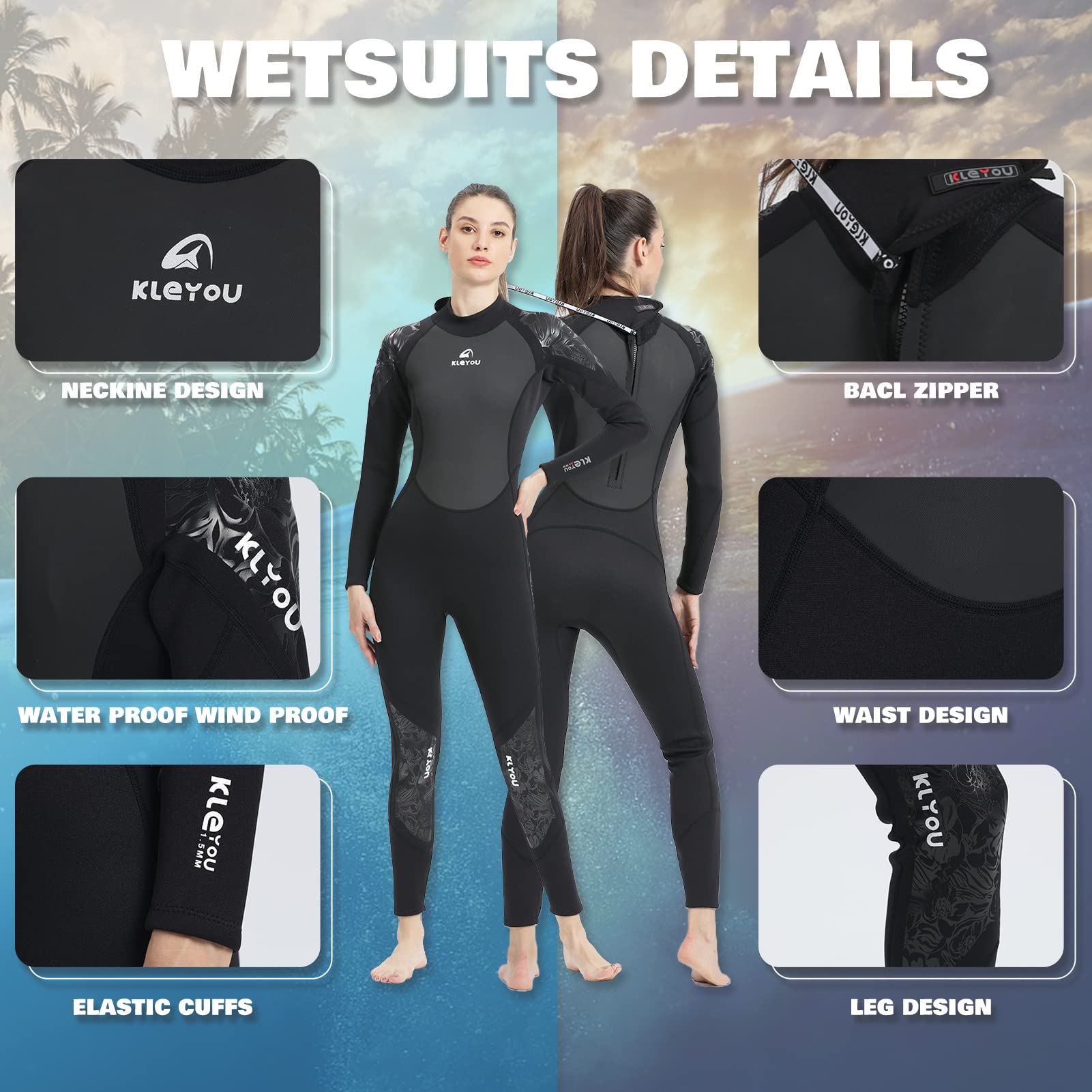 Muta da Uomo e Donna 3mm Neoprene Manica Lunga Muta da Sub Un Pezzo Stretch Muta da Immersione con Cerniera Posteriore per Snorkeling Surf Subacquee Nero