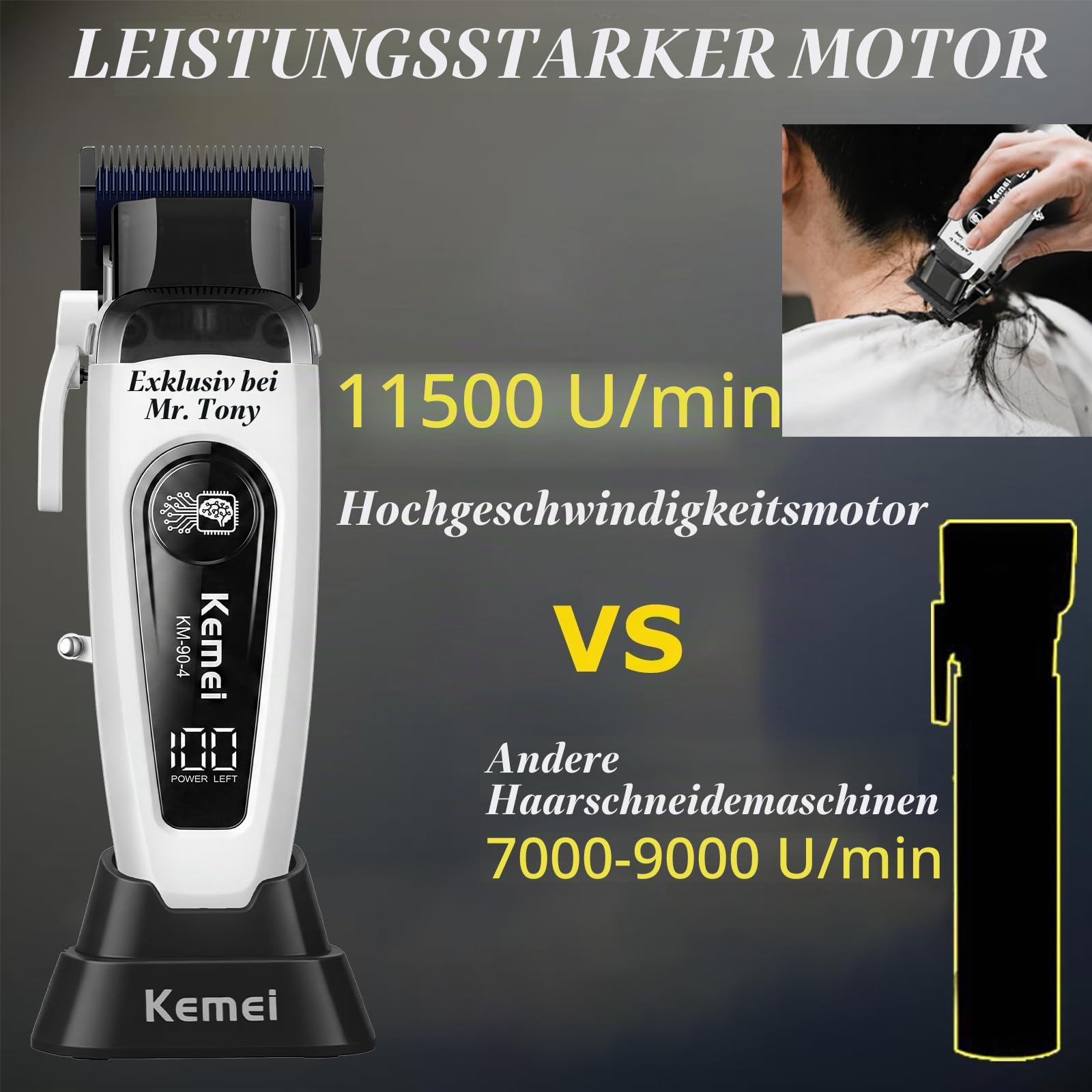KEMEI 90-4Elektrischer Haarschneider MÄNNER, Haarschneidemaschine Profi | Bürstenlosem 11500 RPM Motor, DLC-Klinge & 8 Aufsteckkämmen, LED-Display & Ladestation-Perfekt für Anfänger & Profis(Weiß)