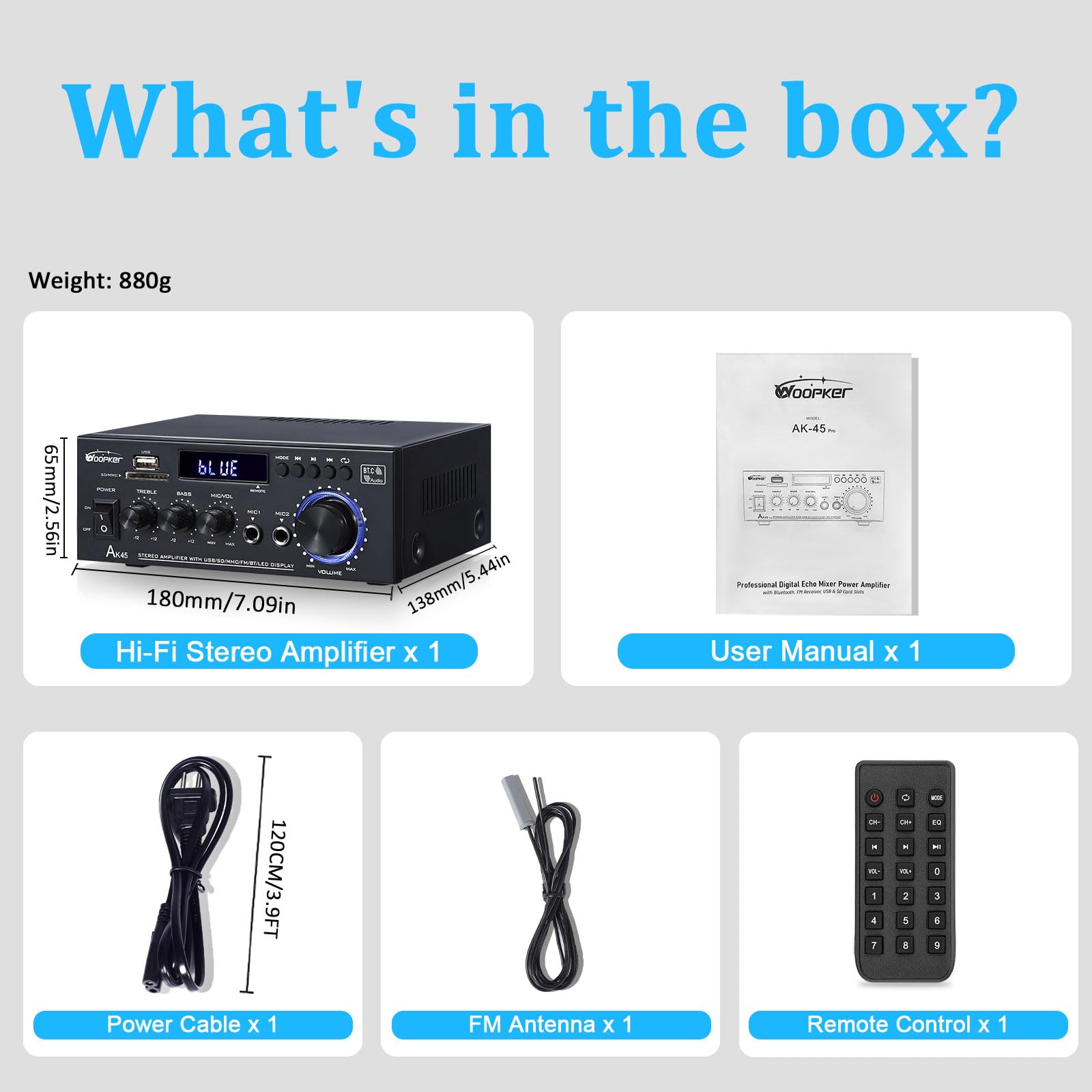 WOOPKER Amplificateur Hi-Fi avec Bluetooth 70 W x2 Mini amplificateur Home Cinéma Amplificateur stéréo AV Récepteur aigus et basses avec USB/RCA/MIC/FM (AK-45-)