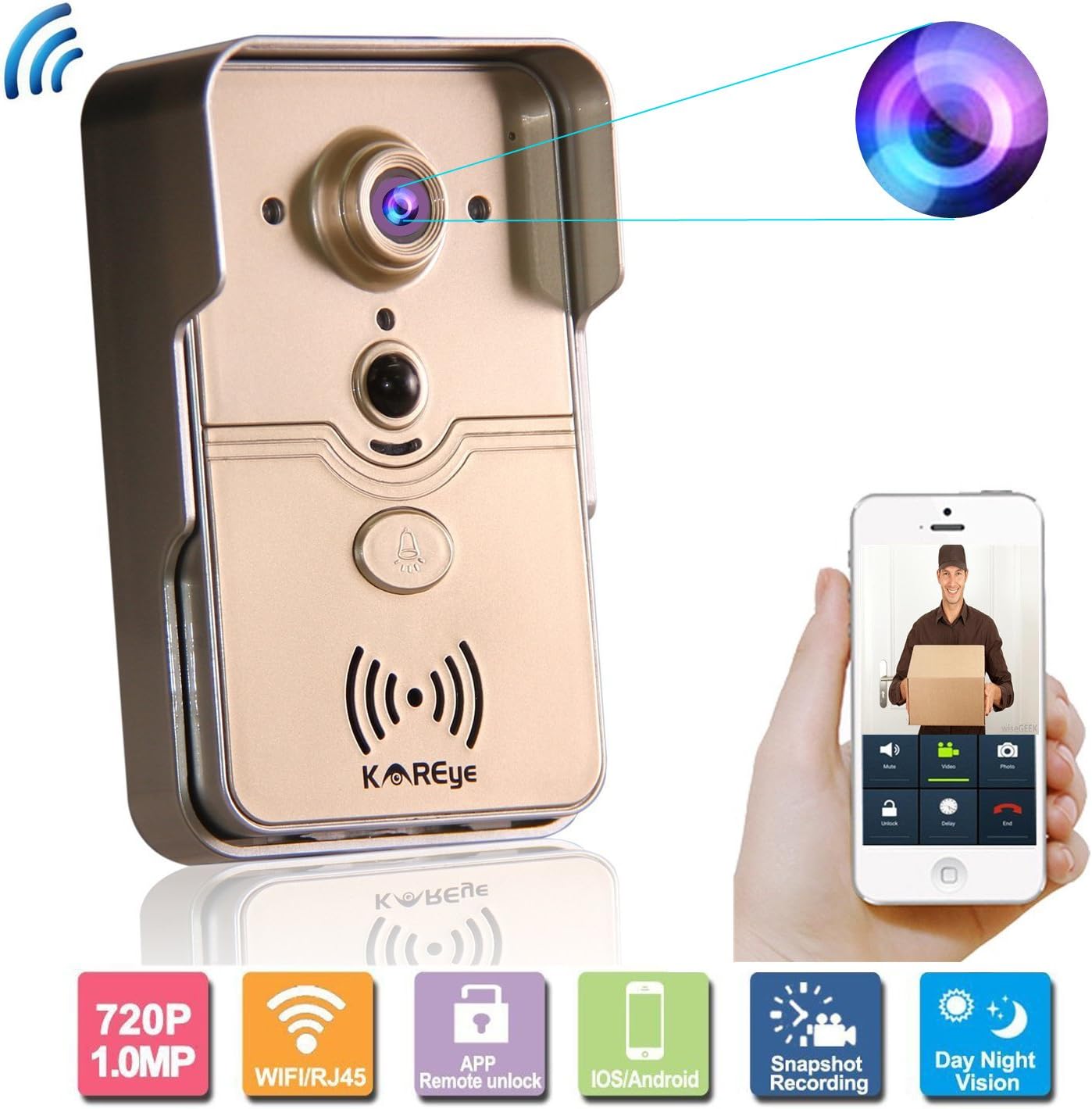 Smart WiFi Video Doorbell with 720P HD Security Camera Monitor Intercom System by KAREye (Remote Control, Motion Detection, iOS/Android System)