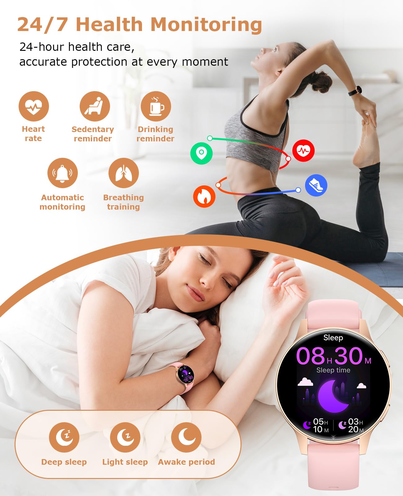 Miecgth 2025 Smartwatch Donna con SIRI/ET/HRV, 1.27" TFT Orologio Donna con Chiamate Cardiofrequenzimetro Ciclo Mestruale IP68 24H Sonno Caloria Fitness Tracker per Android & iOS (Oro nero)