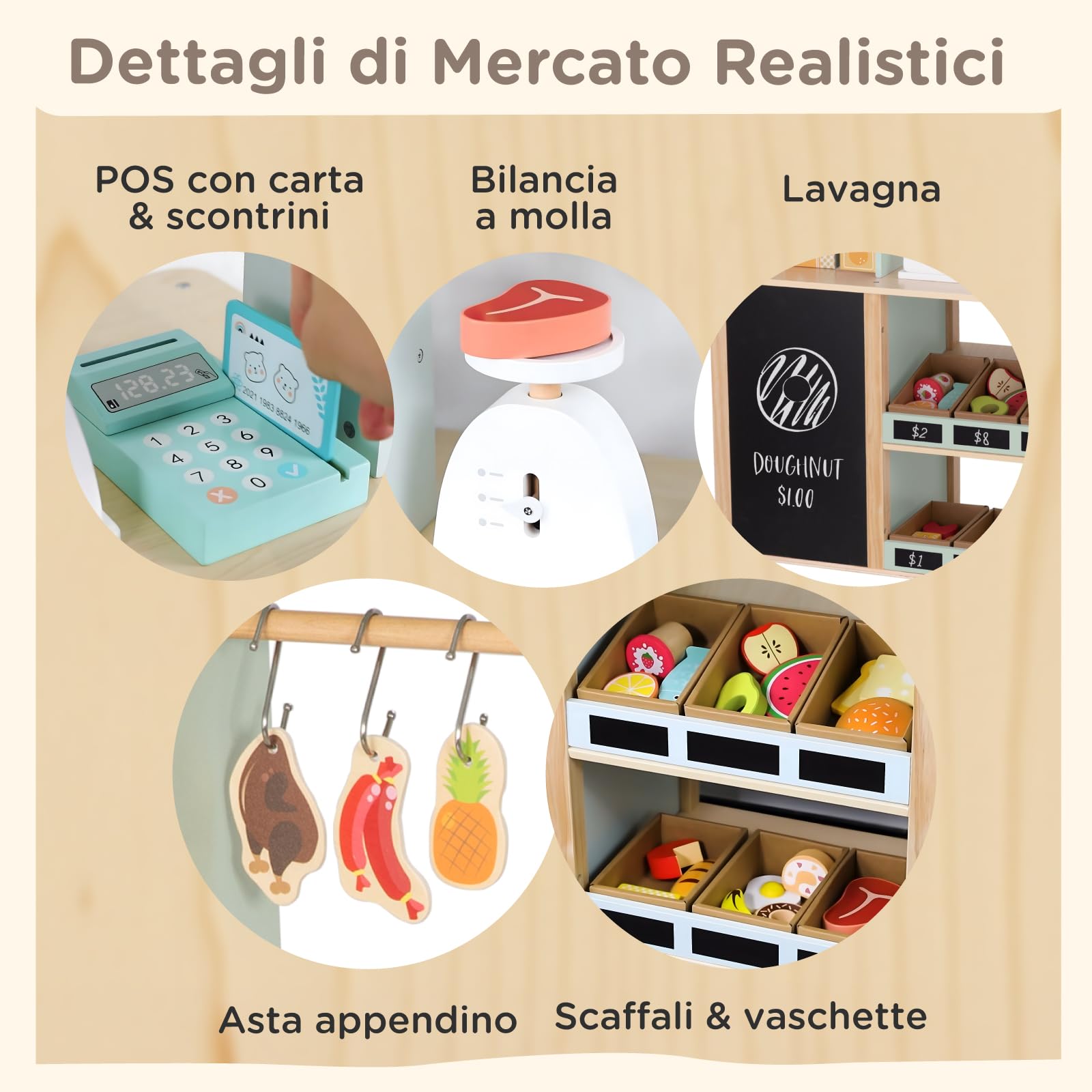 Nene Toys Negozio in Legno per Bambini – Bancarella/Stand Mercato Tutto-in-Uno con Registratore di Cassa, Bilancia, Lavagna, Asta Appendino – Lato Cucina con Forno – Giocattolo Educativo 3–7 Anni