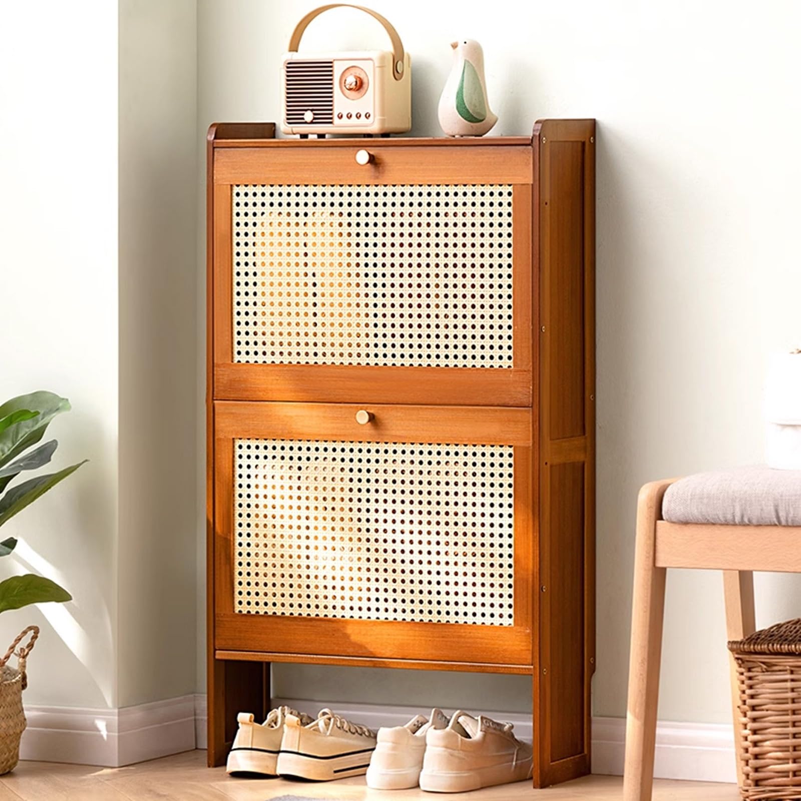 SVFOEBJM Shoe Storage Cabinet, Shoe Cabinet for Entryway Narrow, Plastic Rattan Shoe Cabinet, Freestanding Wooden Shoe Rack Storage Cabinet for Entryway Hallway Bedroom