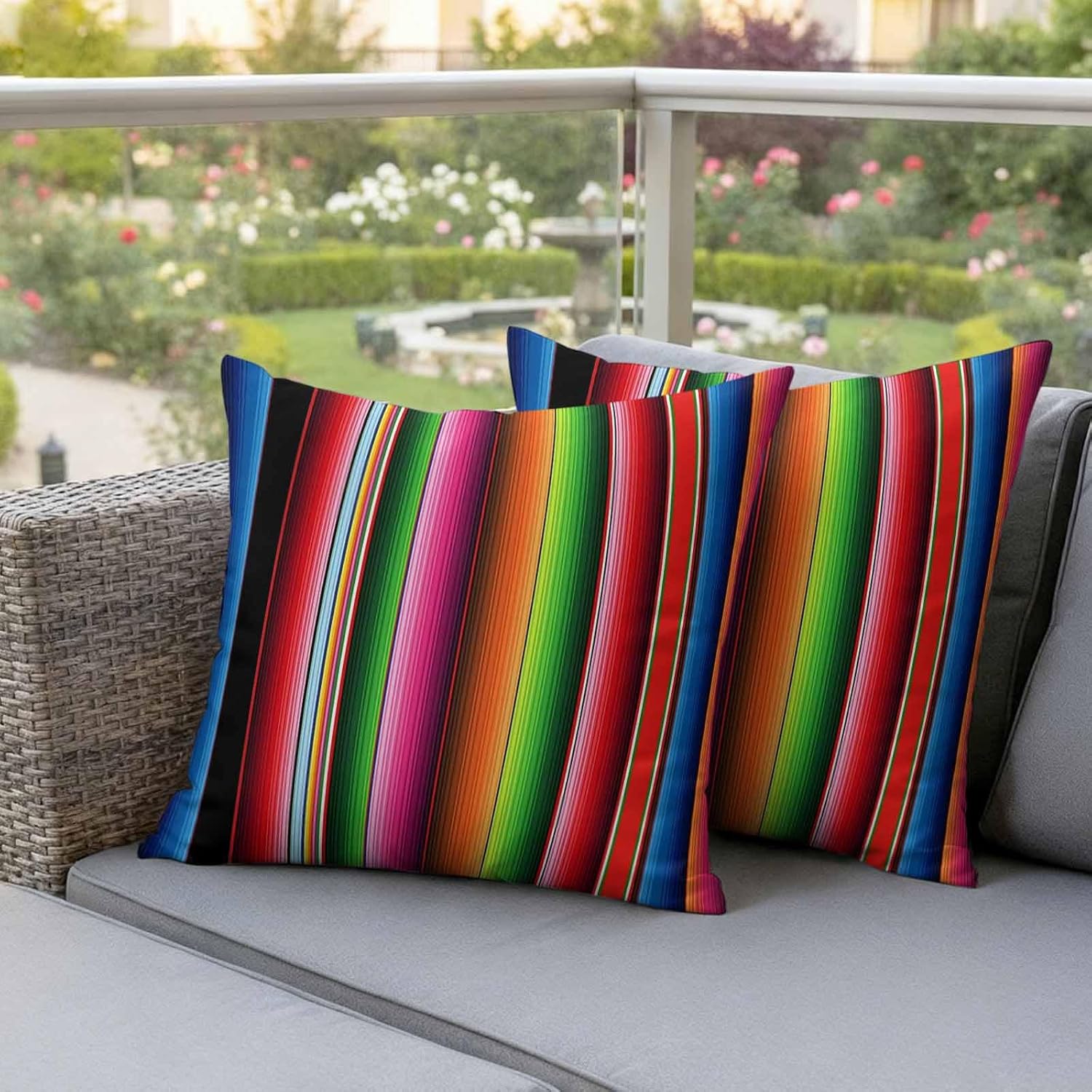 Outdoor Pillow Covers Waterproof, Mexican Colorful Stripes Grain All Weather Cushion Case Set of 2, Simple Line Pattern Decorative Pillowcases for Sofa Couch Bed Decor Patio Furniture 26"x26"
