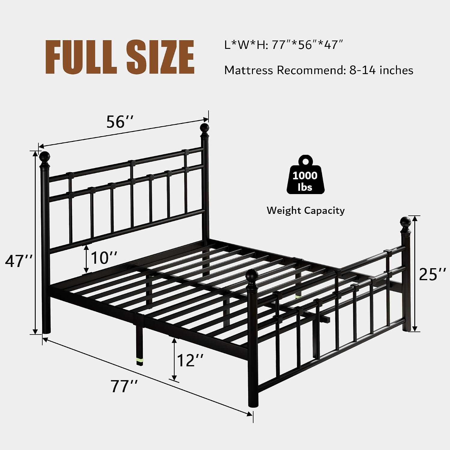 Detailed dimensions of the full size bed frame, including length, width, height, and under-bed clearance, along with 1000 lbs weight capacity.