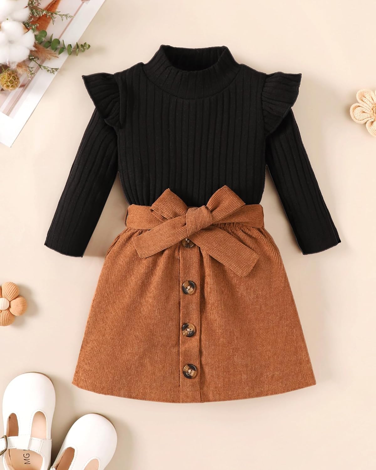 Baby Girl Clothes Sets: 2 Piece Ruffle Sleeve Tops Mini Skirts Sets Fall Winter Outfits for Toddler 9 Months-5 Years - Image 2