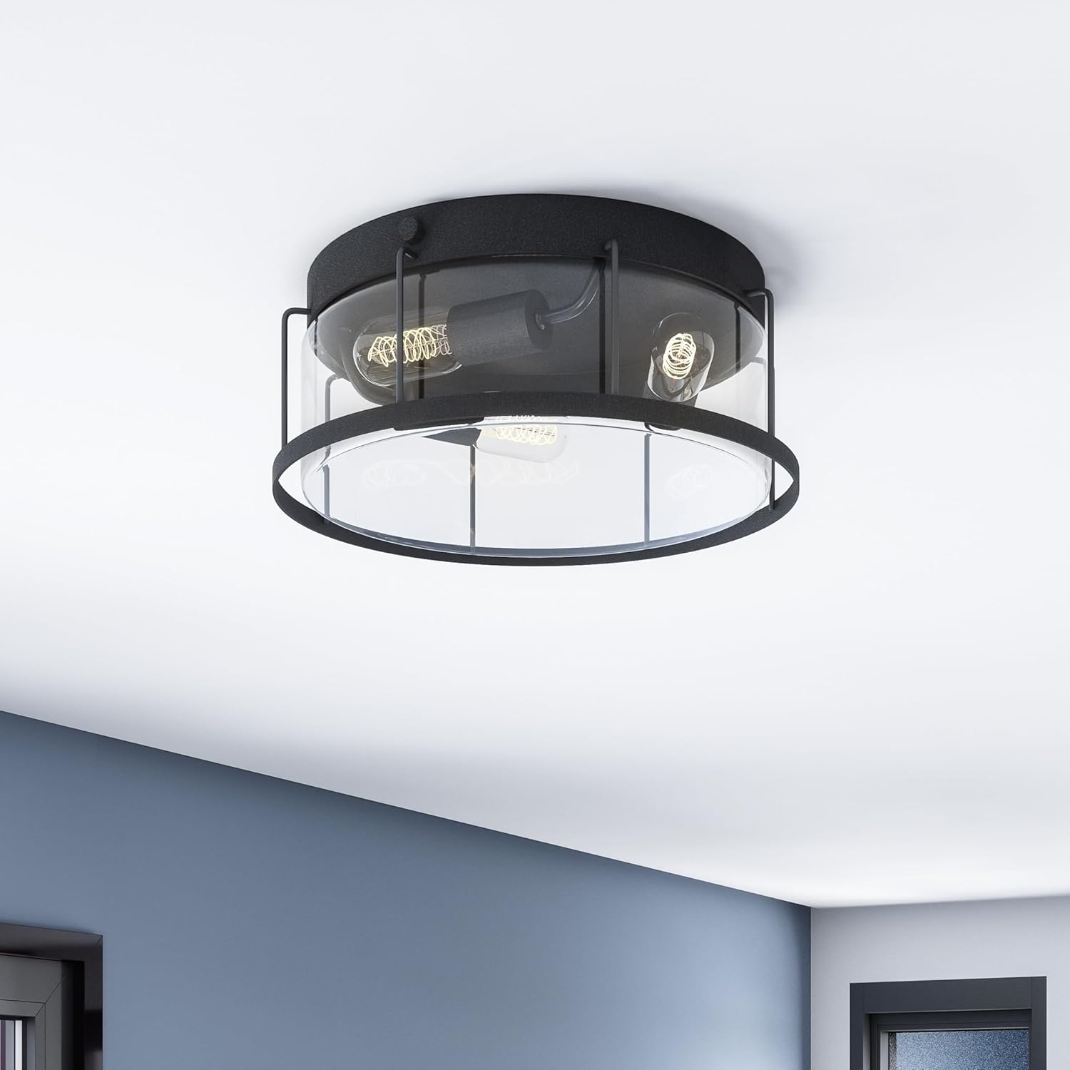 Quoizel Ludlow 3-Light Earth Black Flush Mount Ceiling Light with Clear Beveled Glass, Modern Industrial Ceiling Light for Hallway, Foyer, Bathroom, or Bedroom