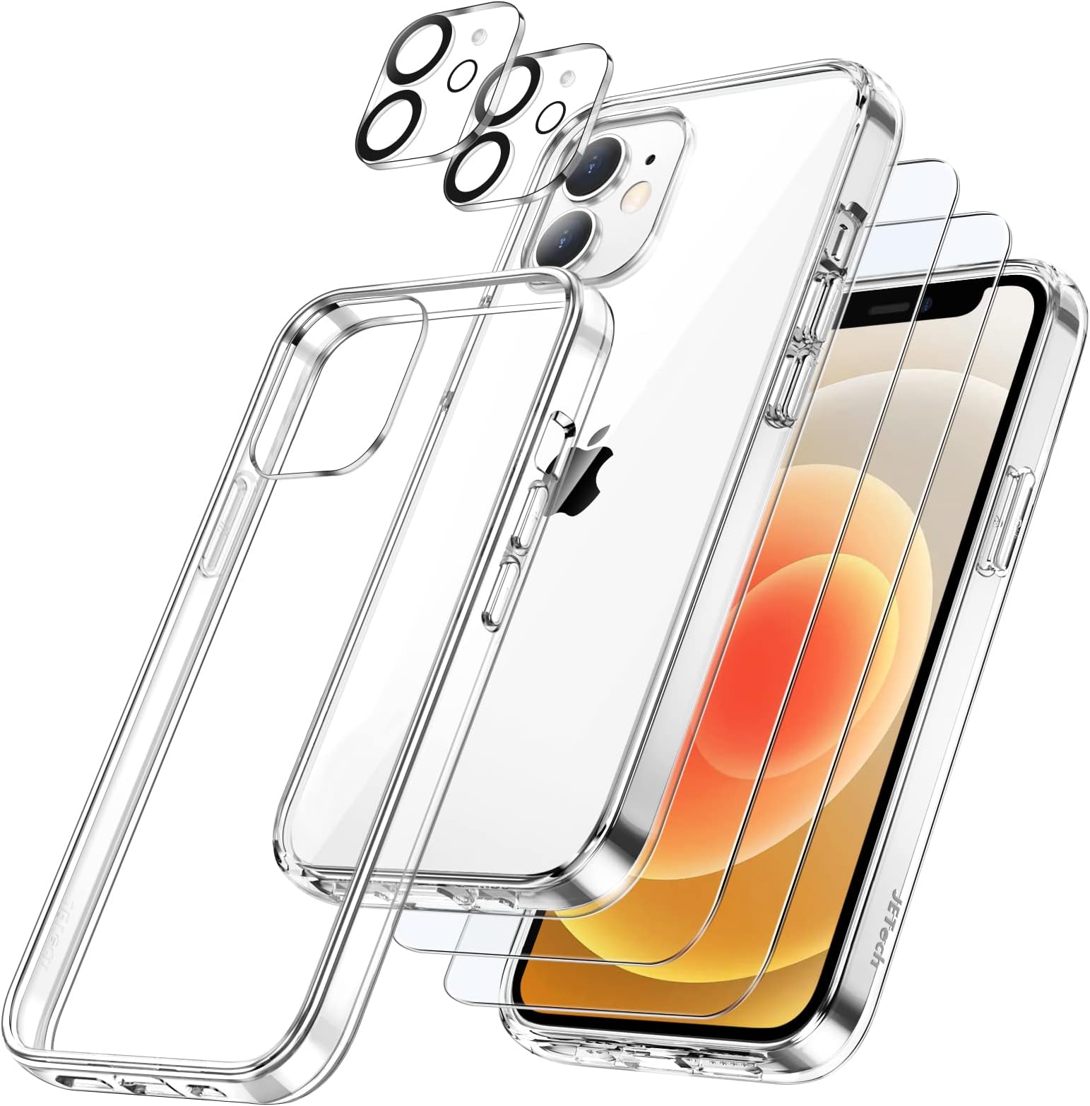 JETech 5 in 1 Case for iPhone 12 6.1-Inch, with 2-Pack Screen Protector and 2-Pack Camera Lens Protector, Full Coverage Tempered Glass Film, Non-Yellowing Shockproof Bumper Phone Cover (Clear)