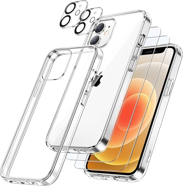 JETech [3 in 1 Case for iPhone 12 6.1-Inch, with 2-Pack Screen Protector and 2-Pack Camera Lens Protector, Non-Yellowing, Full Coverage Tempered Glass Film, Shockproof Bumper Phone Cover (Clear)