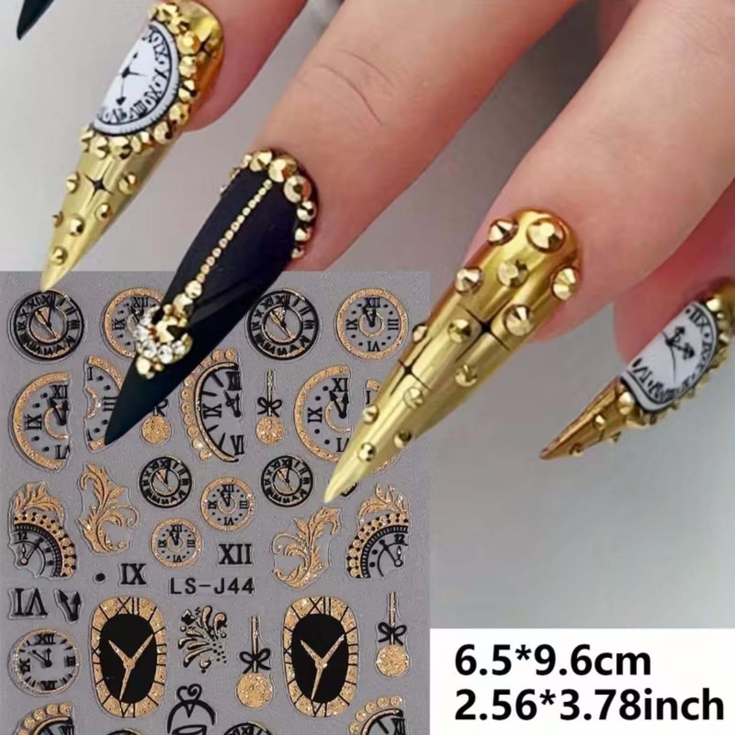 6PCS Clock Nail Art Stickers New Year Nail Decals 3D Self-Adhesive Gold Glitter Nail Stickers Clock Wine Glass Christmas Ball Fireworks Design Countdown Nails Supplies for Women Christmas Nails Decor image 4