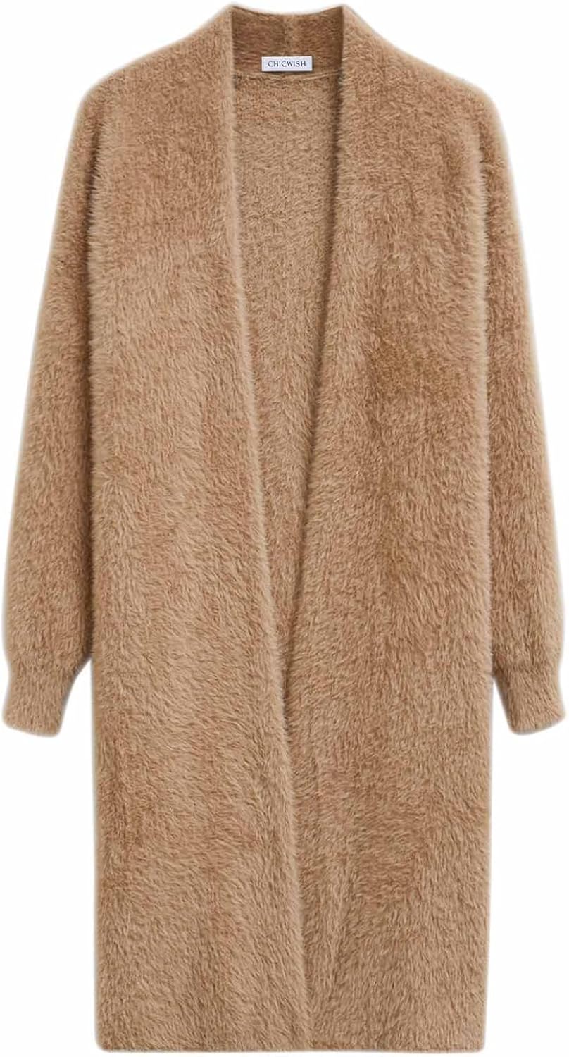 CHICWISH Women Fuzzy Cardigan Sweaters Solid Open Front Longline Cardigan Soft Chunky Fall Winter Knit Outerwear Coats