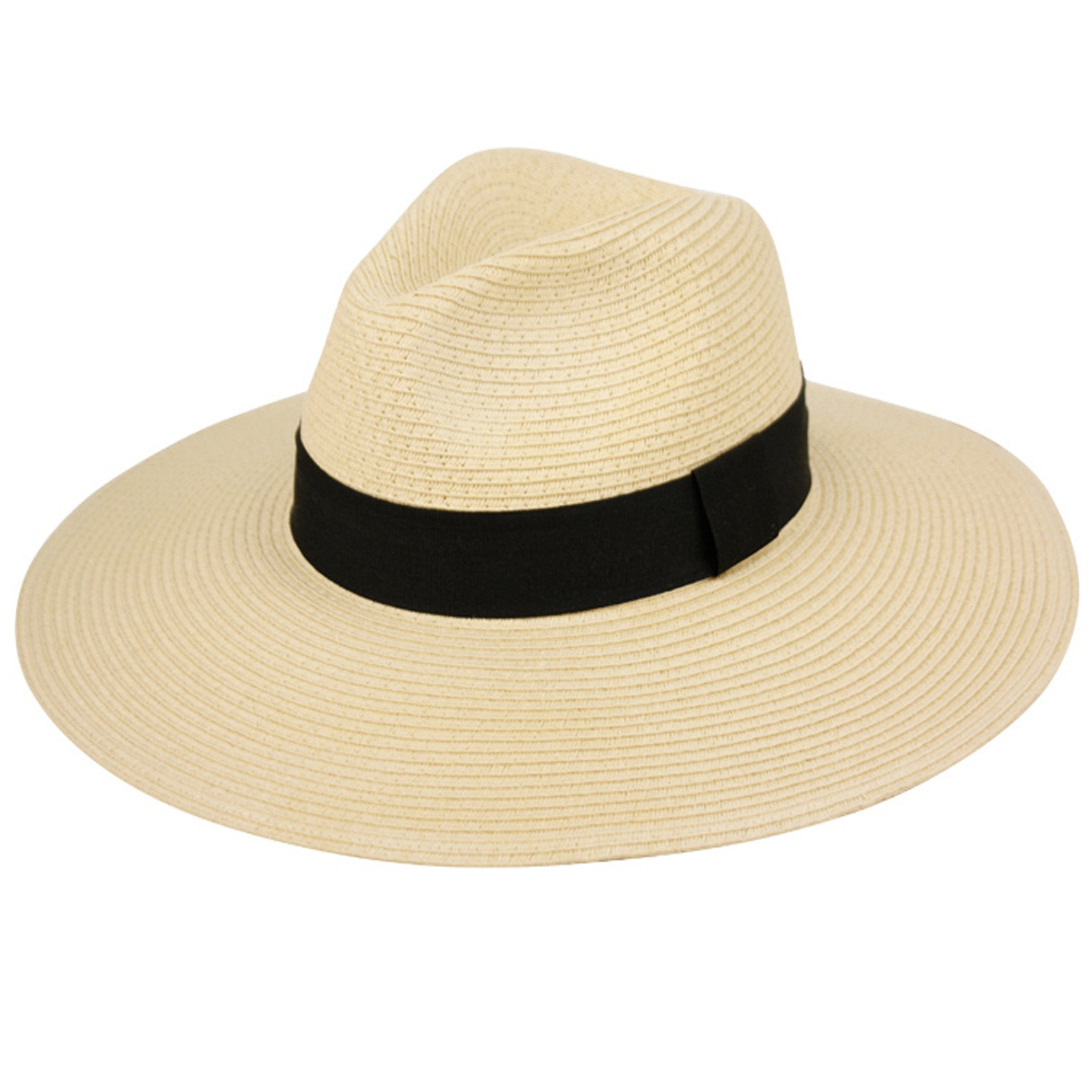 Summer Classic Straw Panama Fedora Sun Hat in Solid Color W/Black Grosgrain Band Trim (Natural)