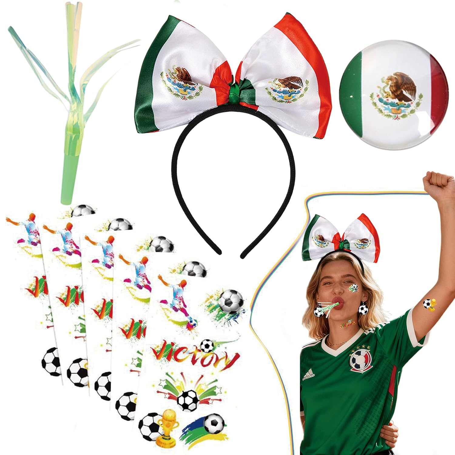 Mexico Soccer World Cup Fan Accessories Set - Mexican Flag Bow Headband, Vuvuzela Horn, Button Pin, Soccer Temporary Tattoos, Mexico World Cup Watch Party Supplies for Game Day